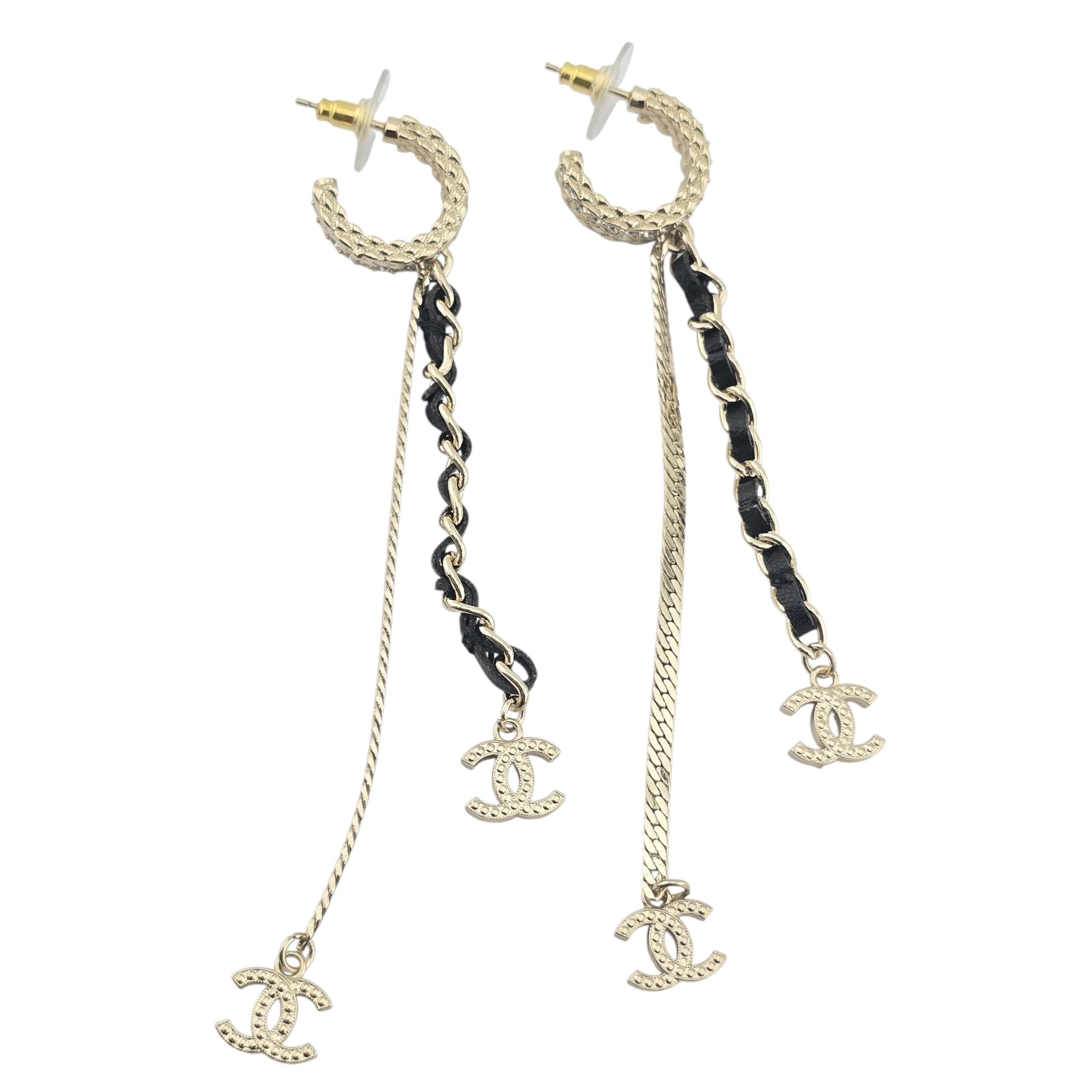 Chanel CC Leather Gold Crystal Earrings 2022