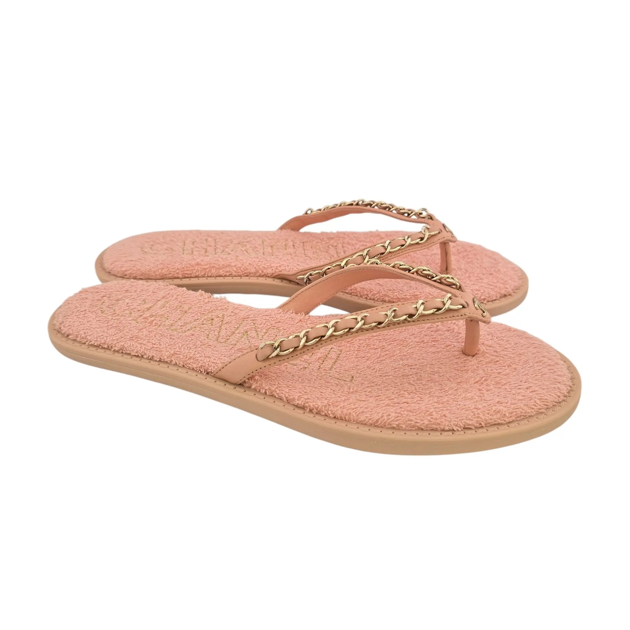 Chanel CC Calfskin Chain Thong Pink Sandals 39 UK6 CHANEL