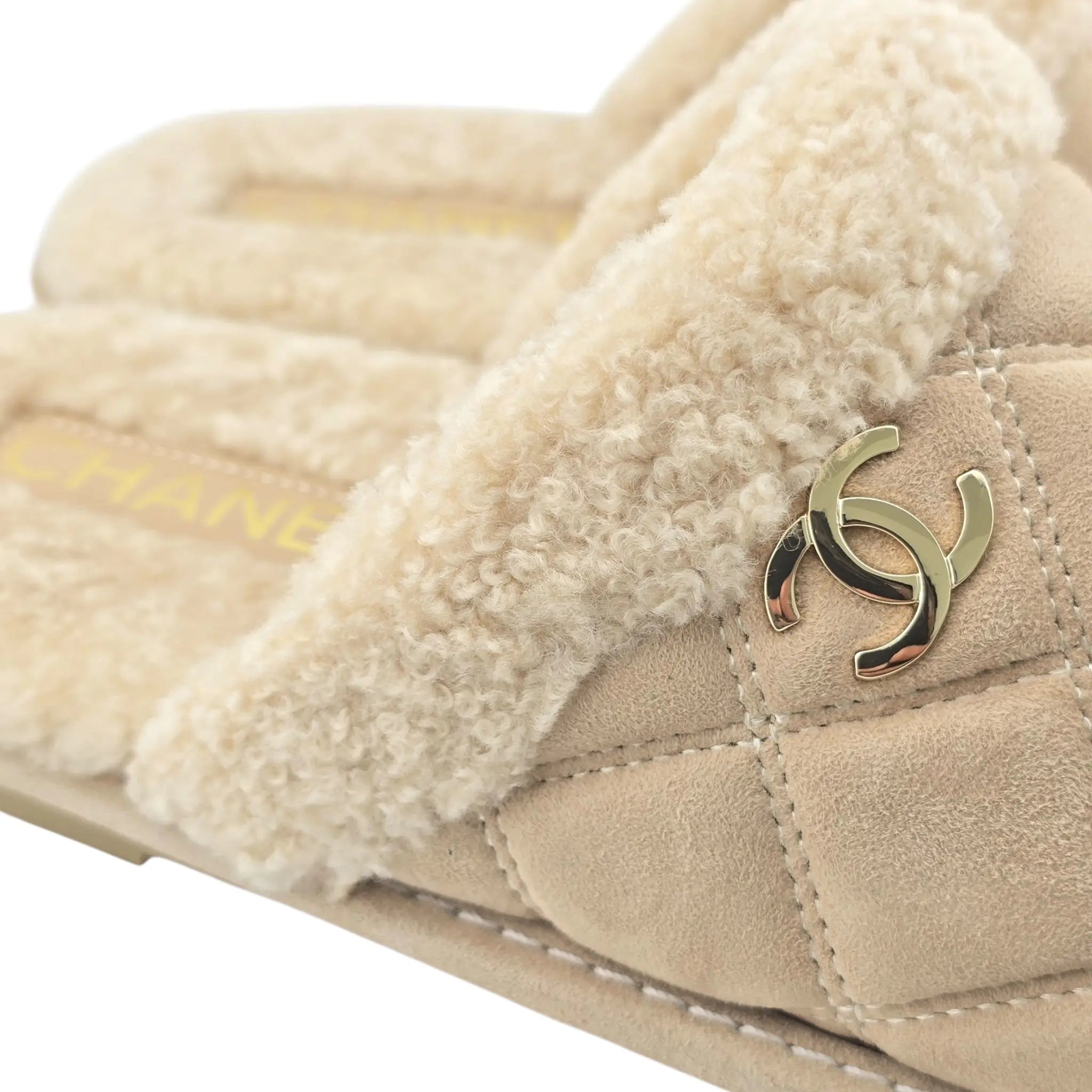 Chanel CC Suede Shearling Mule Slippers 39 UK6 CHANEL
