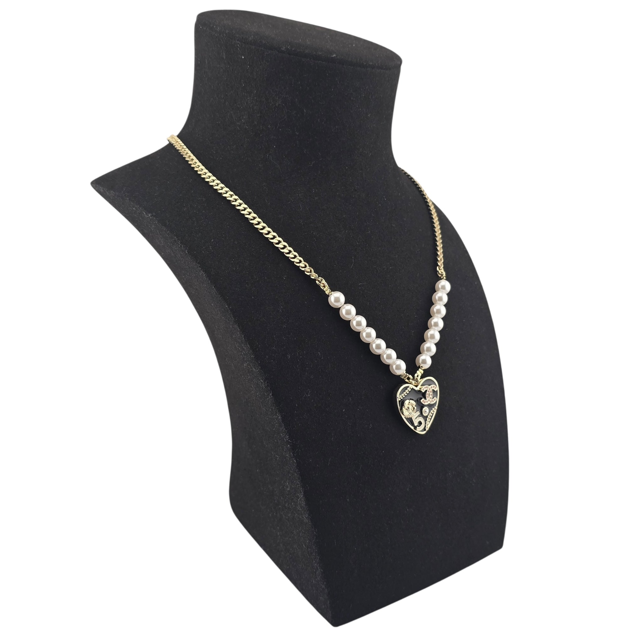 Chanel CC Black Enamel Heart Necklace 2024