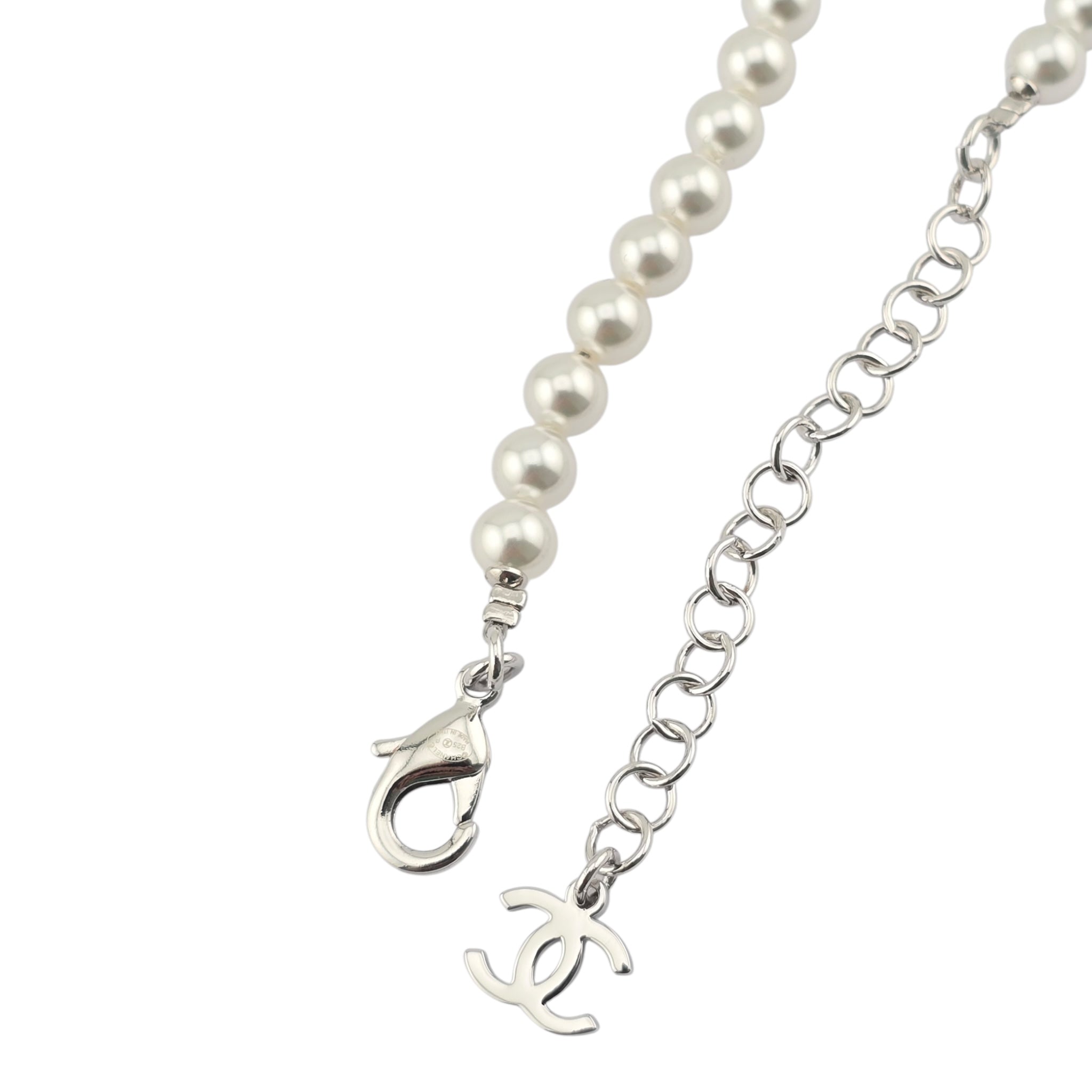 Chanel CC Faux Pearl Crystal Blue Heart Necklace 2025