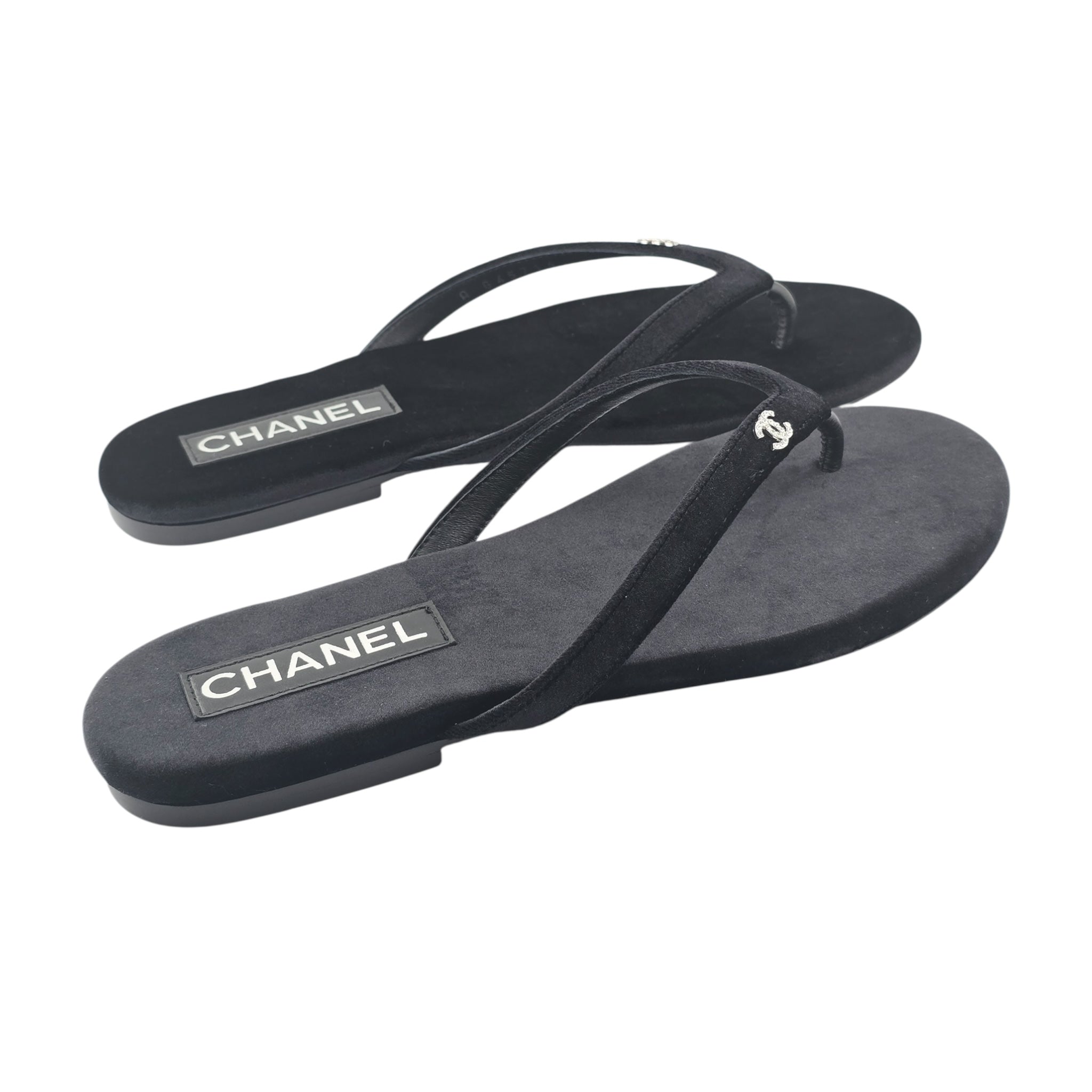 Chanel CC Black Velvet Crystal Thong Sandals 39
