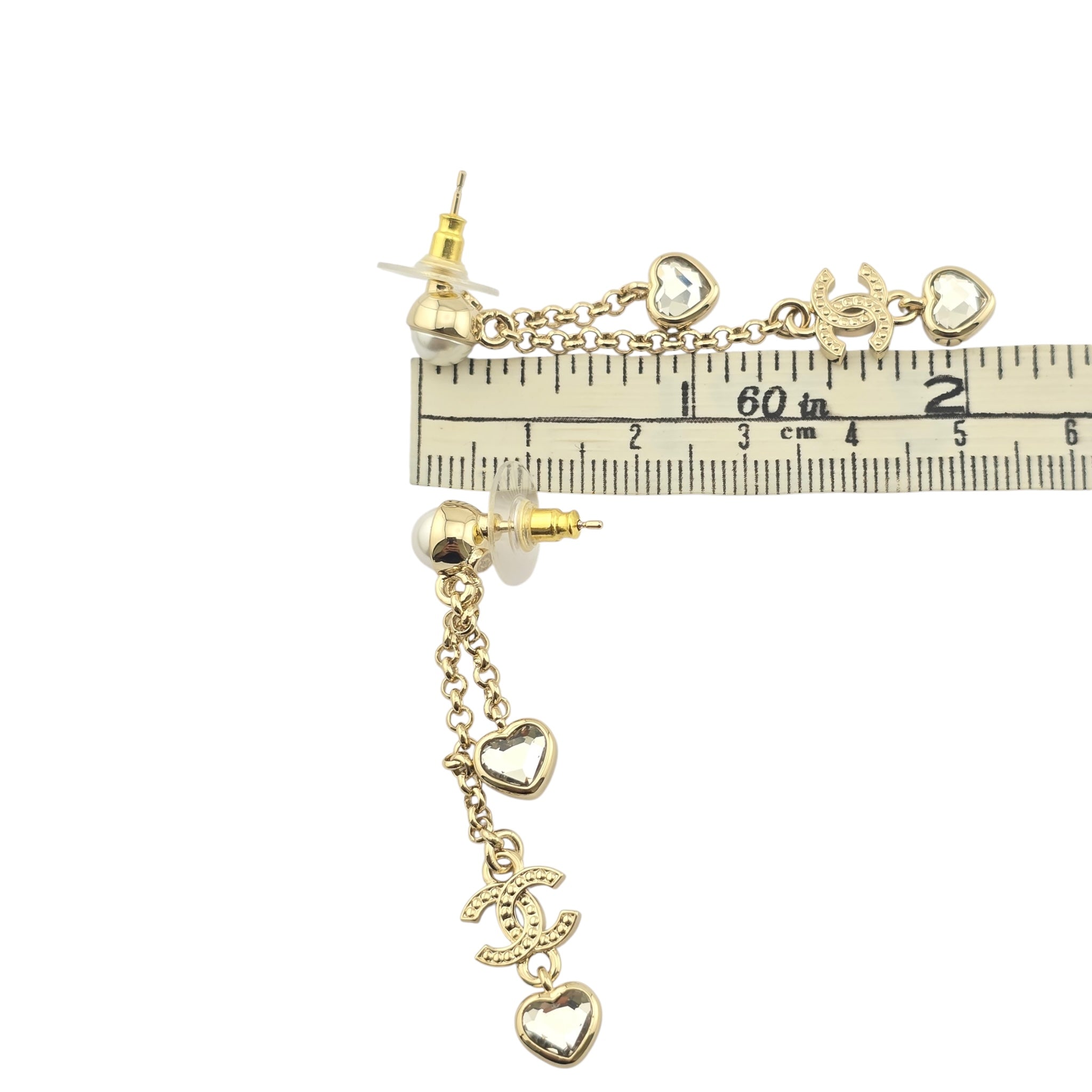 Chanel CC Gold Dangle Heart Crystal Earrings 2025