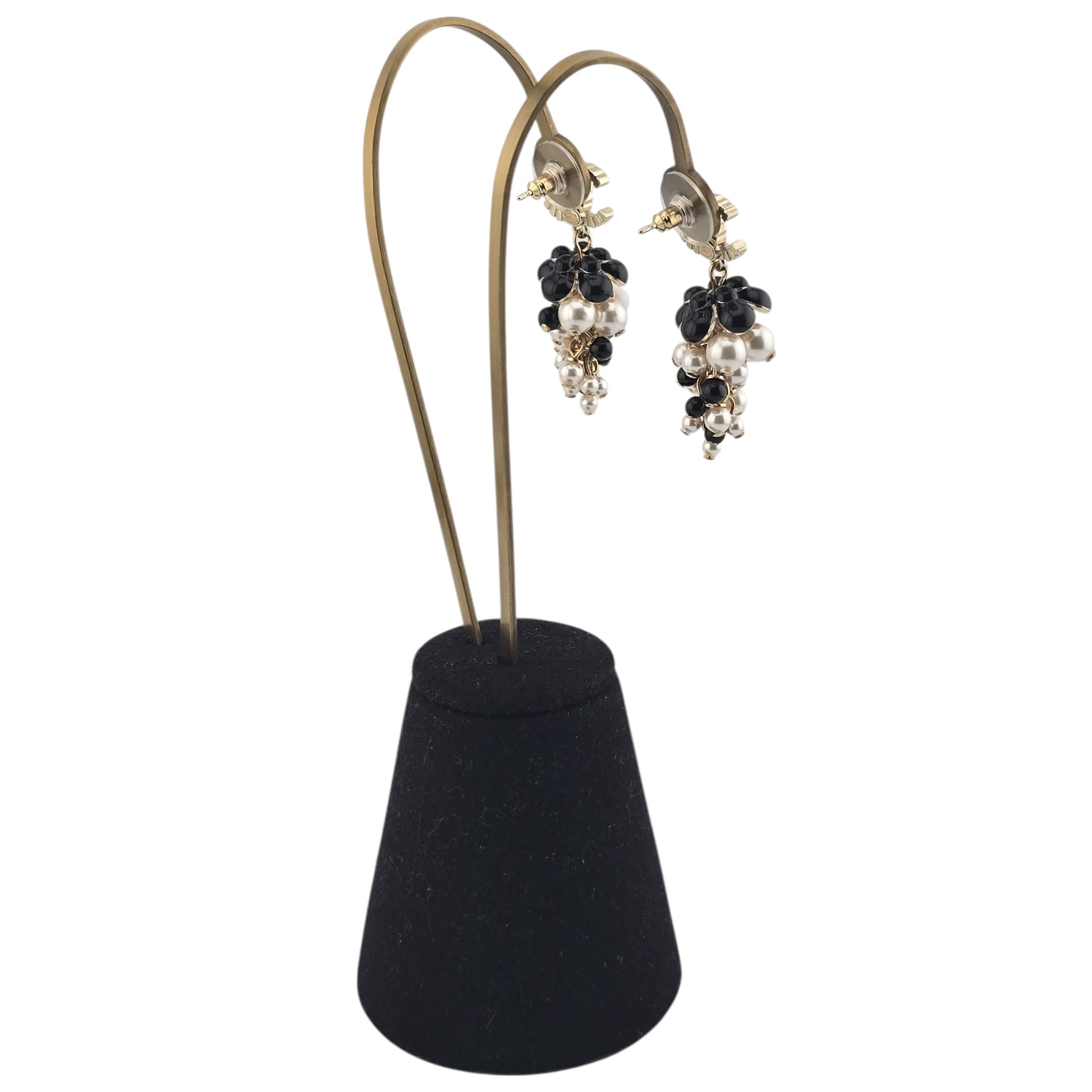 Chanel CC Faux Pearl White Black Gold Earrings CHANEL