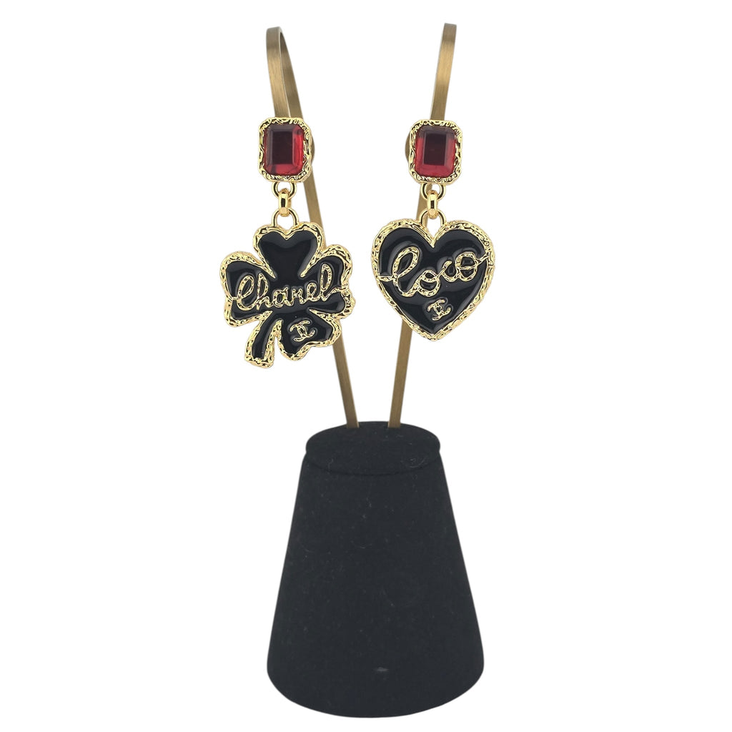 Chanel CC Clover Heart Black Gold Earrings 2024 CHANEL