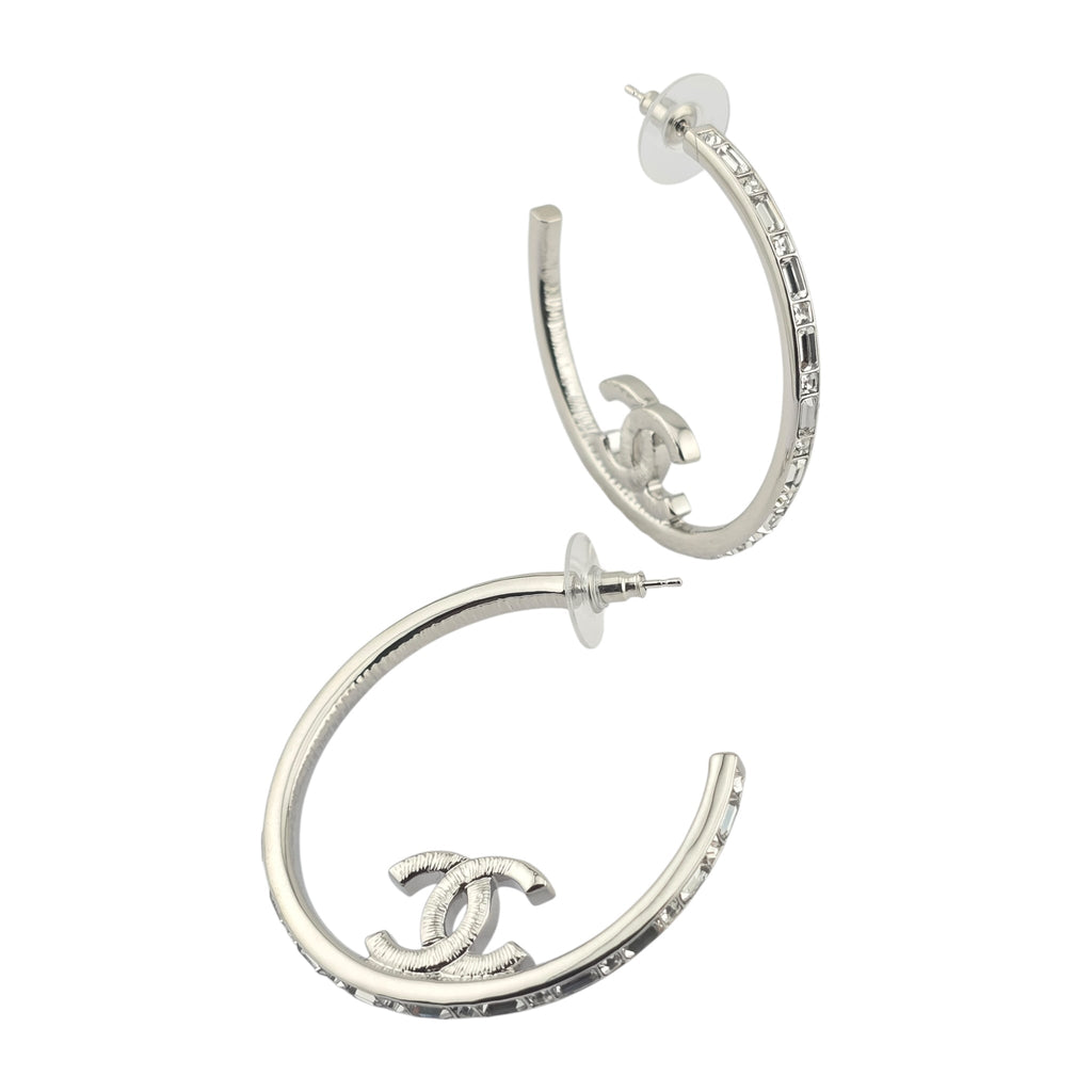 Chanel CC Metal Crystal Baguette Large Hoop Earrings Silver 2022 CHANEL