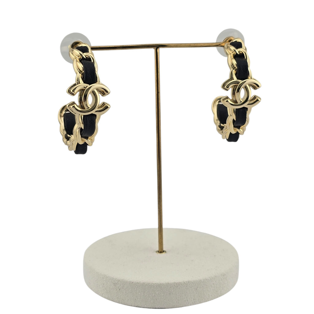 Chanel CC Leather Metal Hoop Earrings 2024 CHANEL