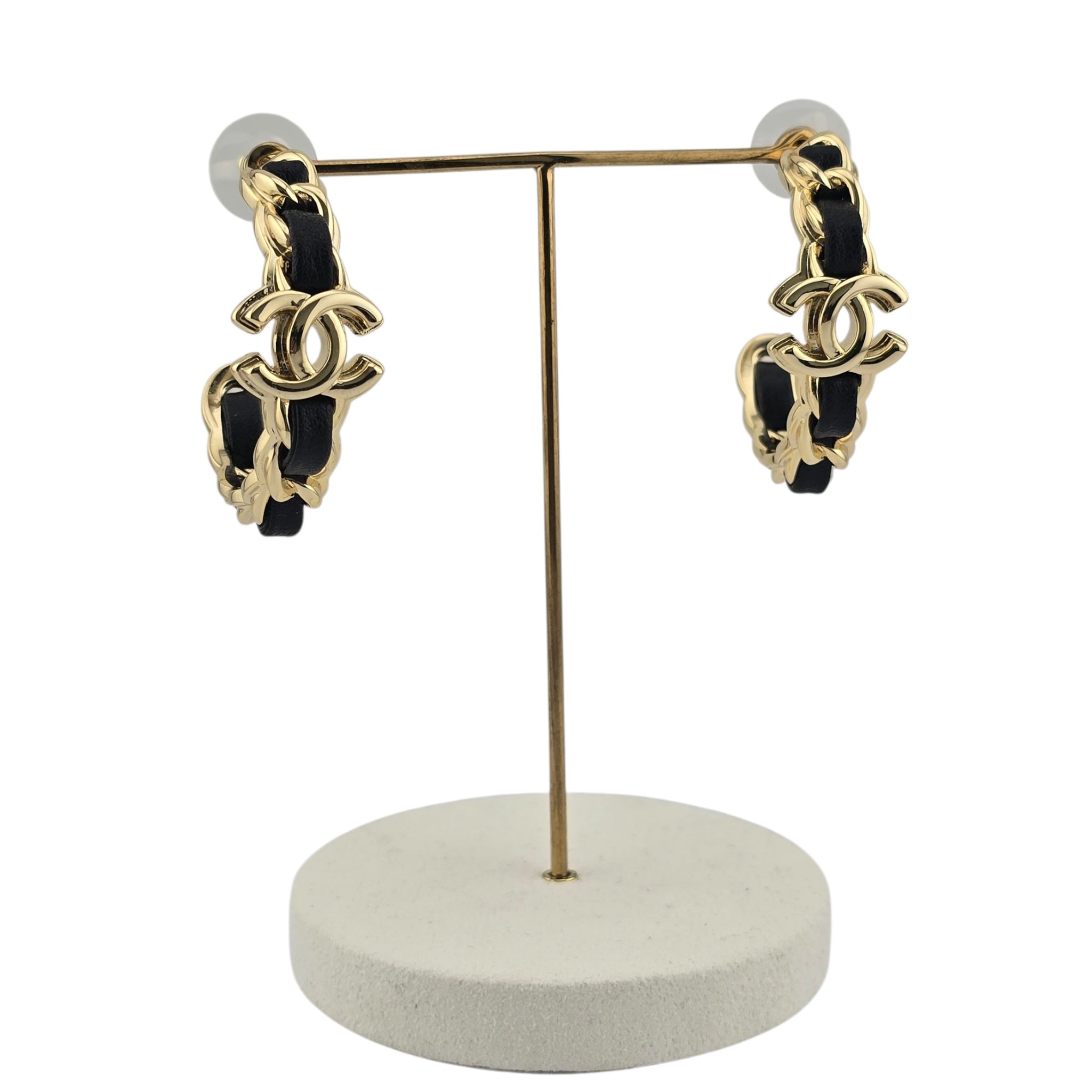 Chanel CC Leather Metal Hoop Earrings 2024 CHANEL