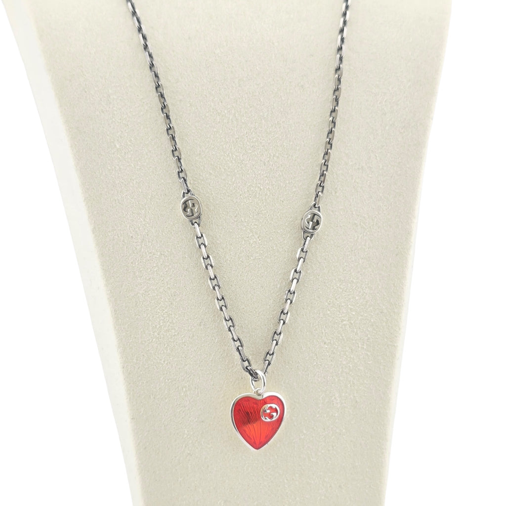 GUCCI Interlocking G Red Heart Silver Necklace GUCCI