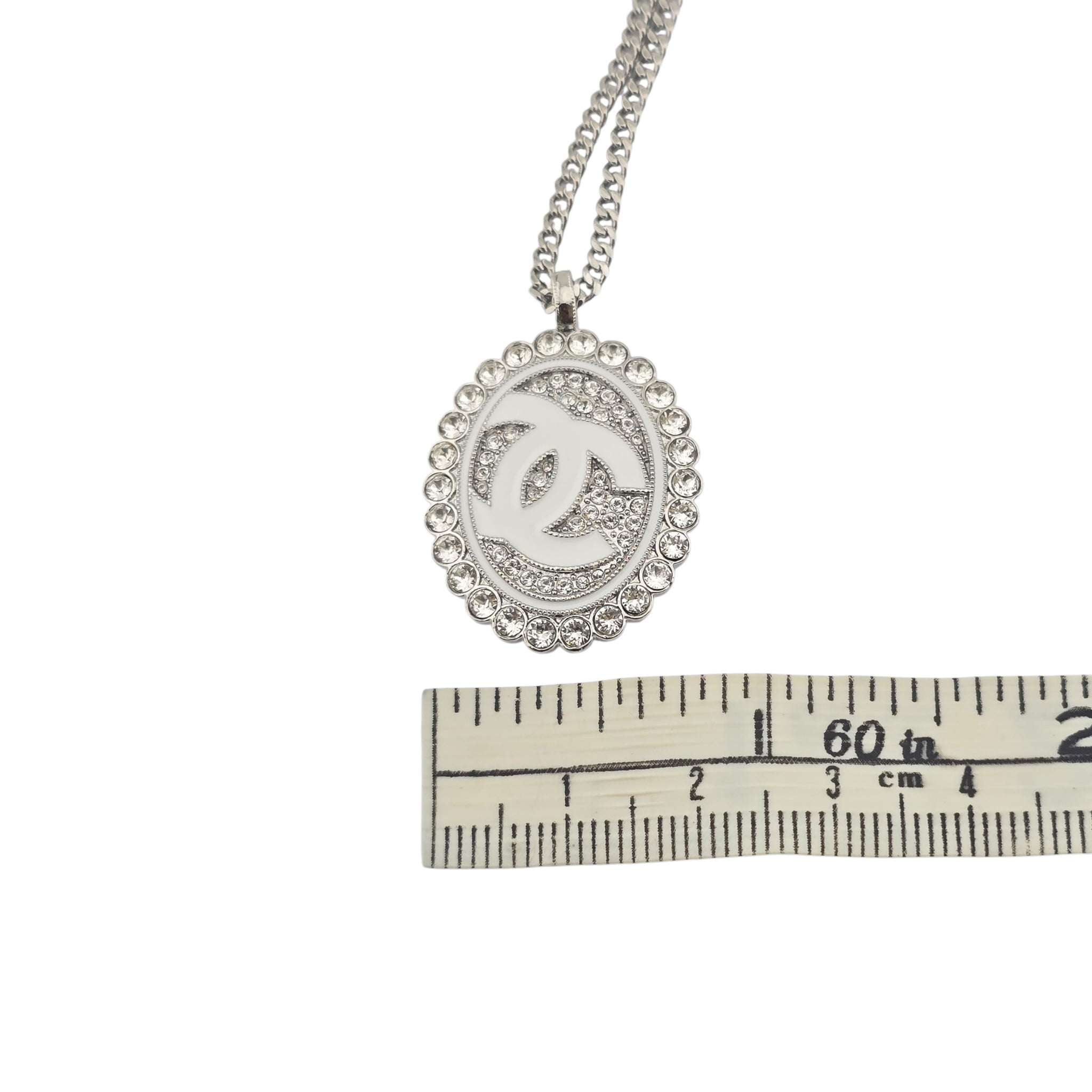 Chanel CC Silver Crystal Oval Pendant Necklace 2025 CHANEL