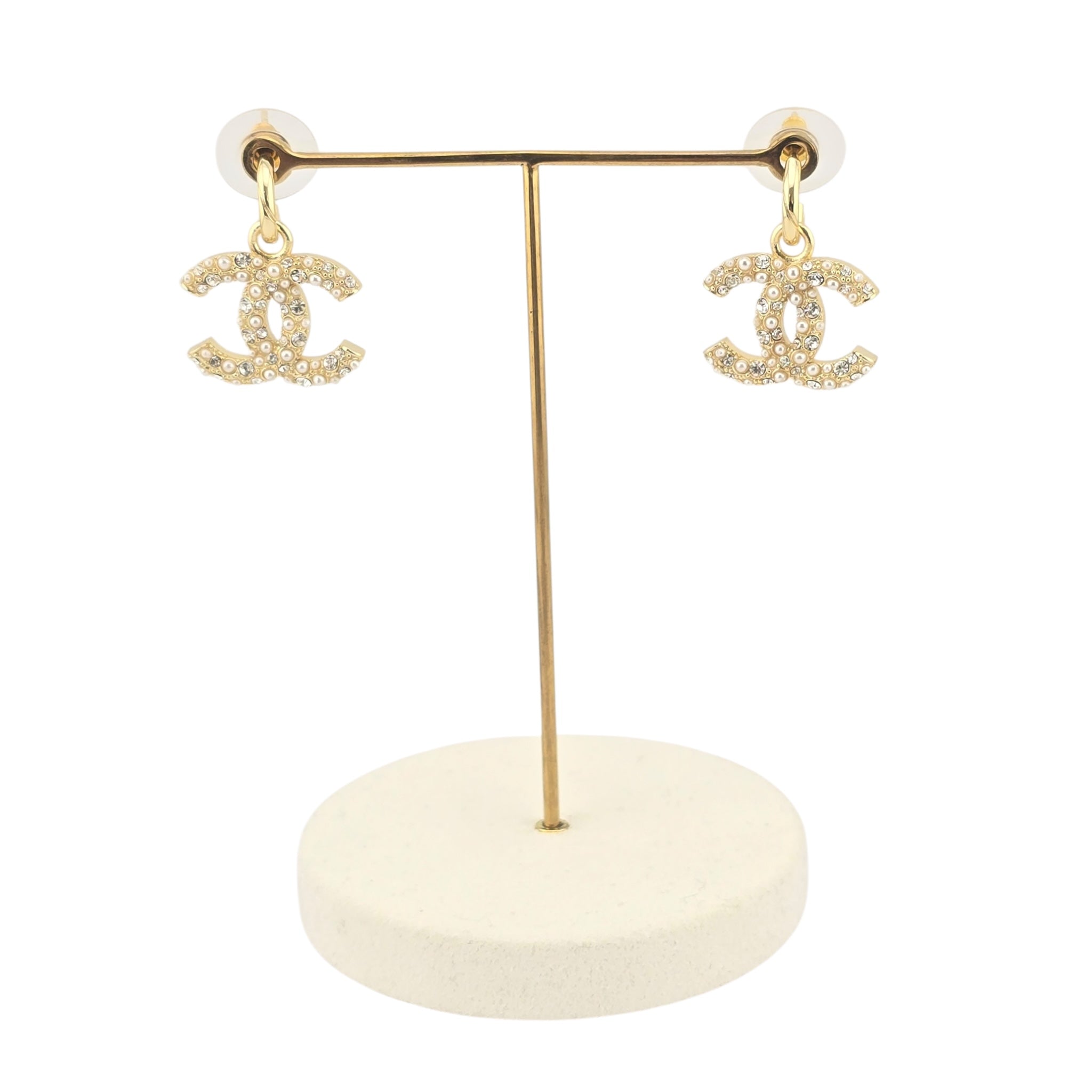 Chanel CC Gold Drop Crystal Faux Pearl Earrings 2022 CHANEL