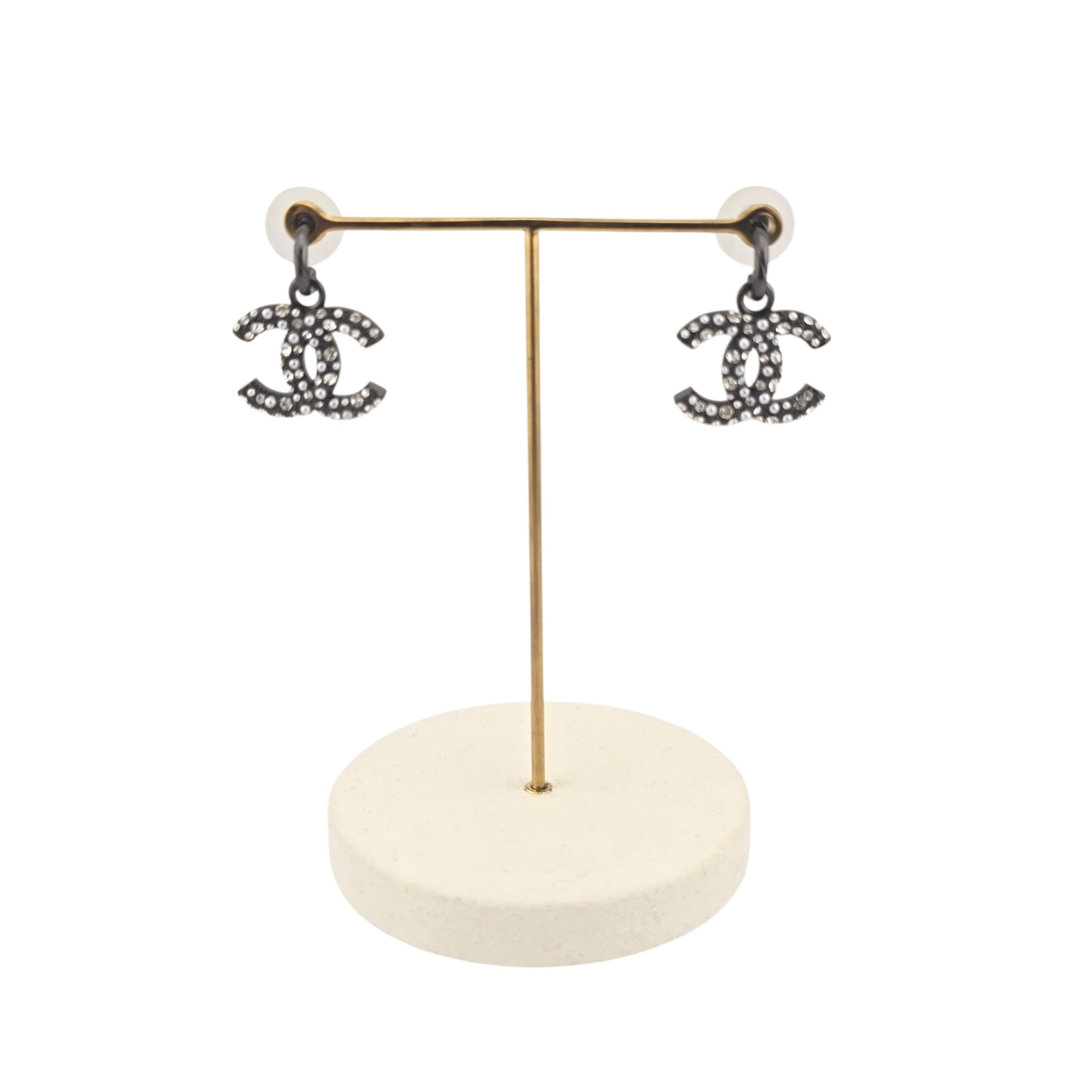 Chanel CC Ruthenium Drop Crystal Faux Pearl Earrings 2022 CHANEL