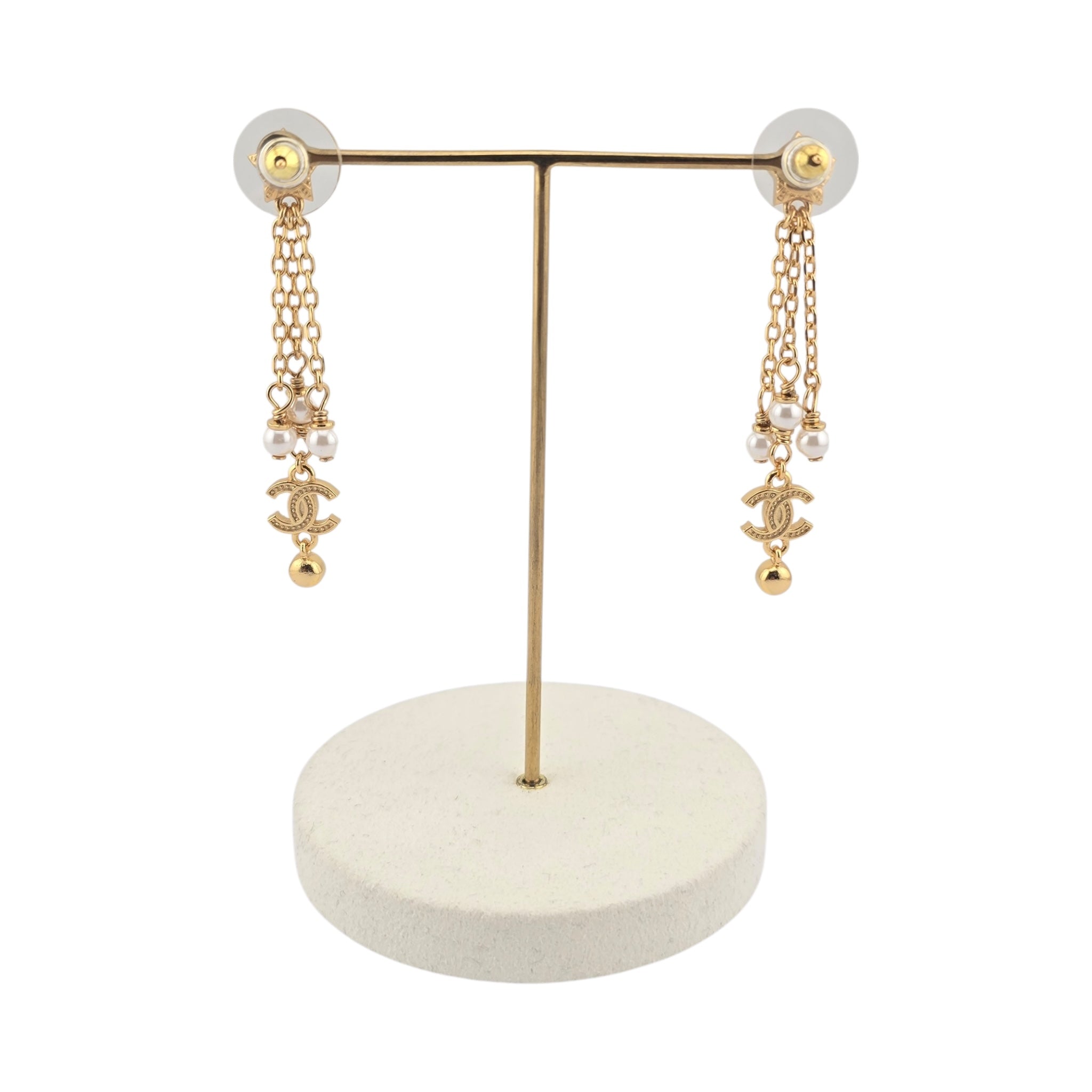 Chanel CC Faux Pearl Star Dangle Gold Earrings 2024