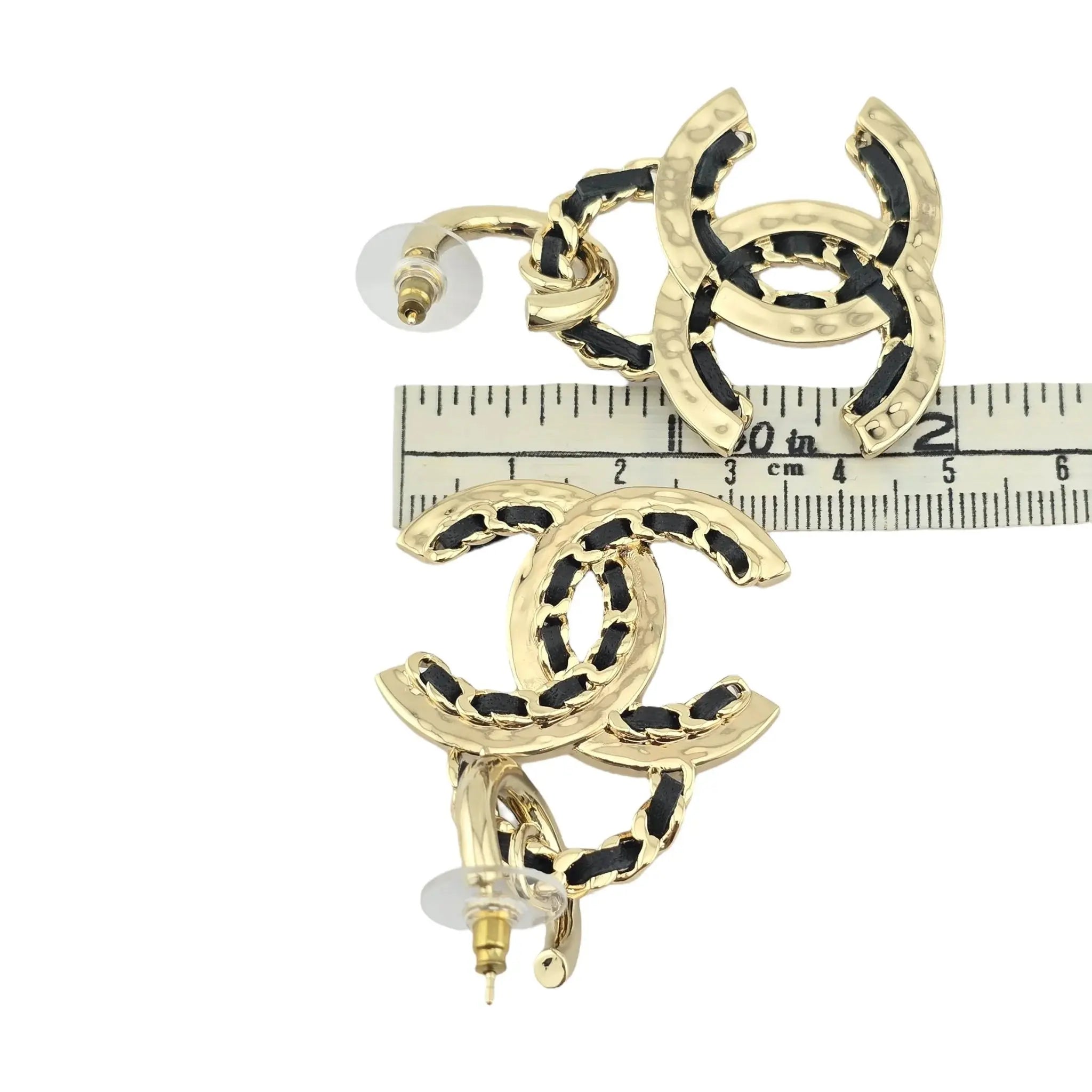 Chanel CC Gold Black Woven Leather Drop Earrings 2021 CHANEL