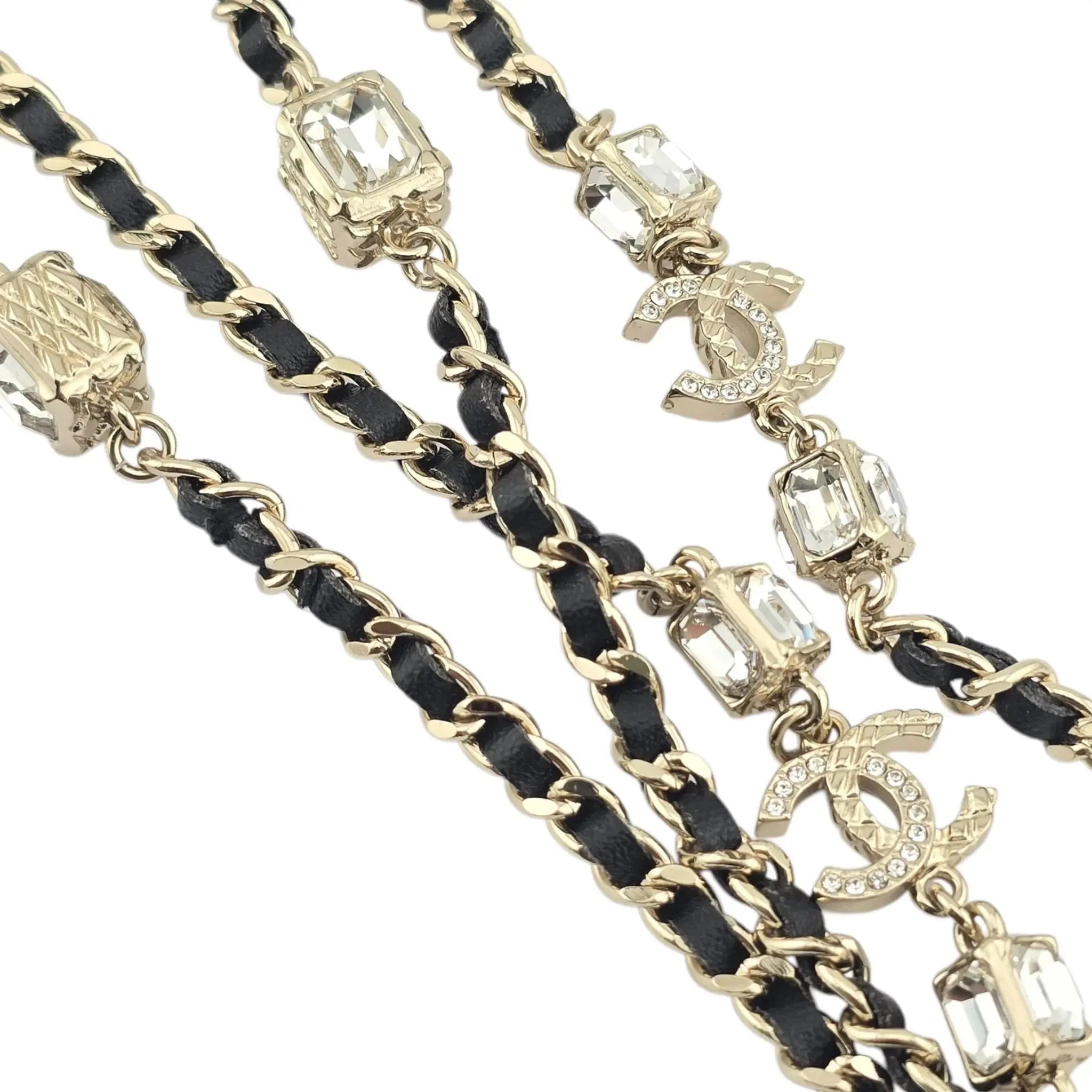 Chanel CC Gold Black Leather Long Necklace A23 CHANEL