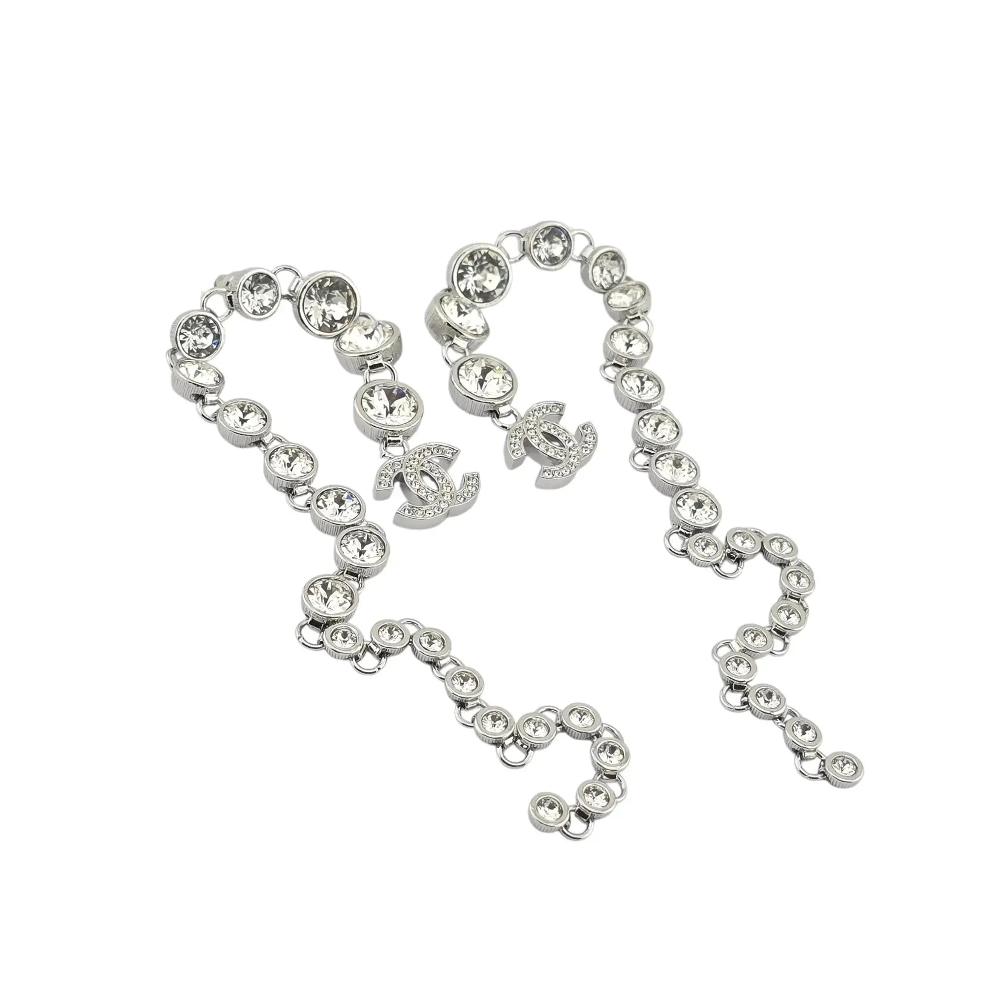 Chanel Crystal CC Long Drop Earrings Silver 2023 CHANEL