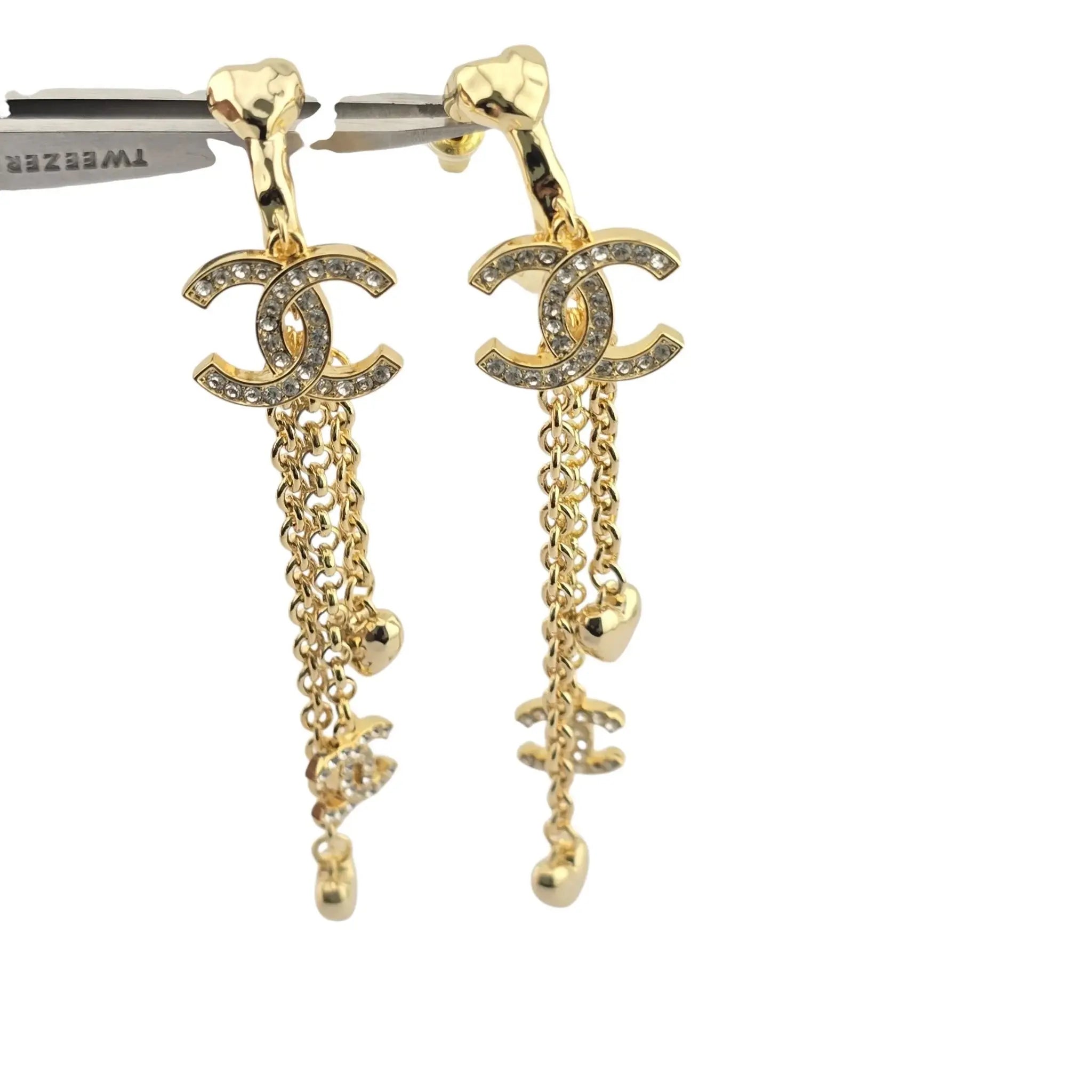 Chanel CC Chain Drop Gold Heart Hoop Earrings B23 CHANEL