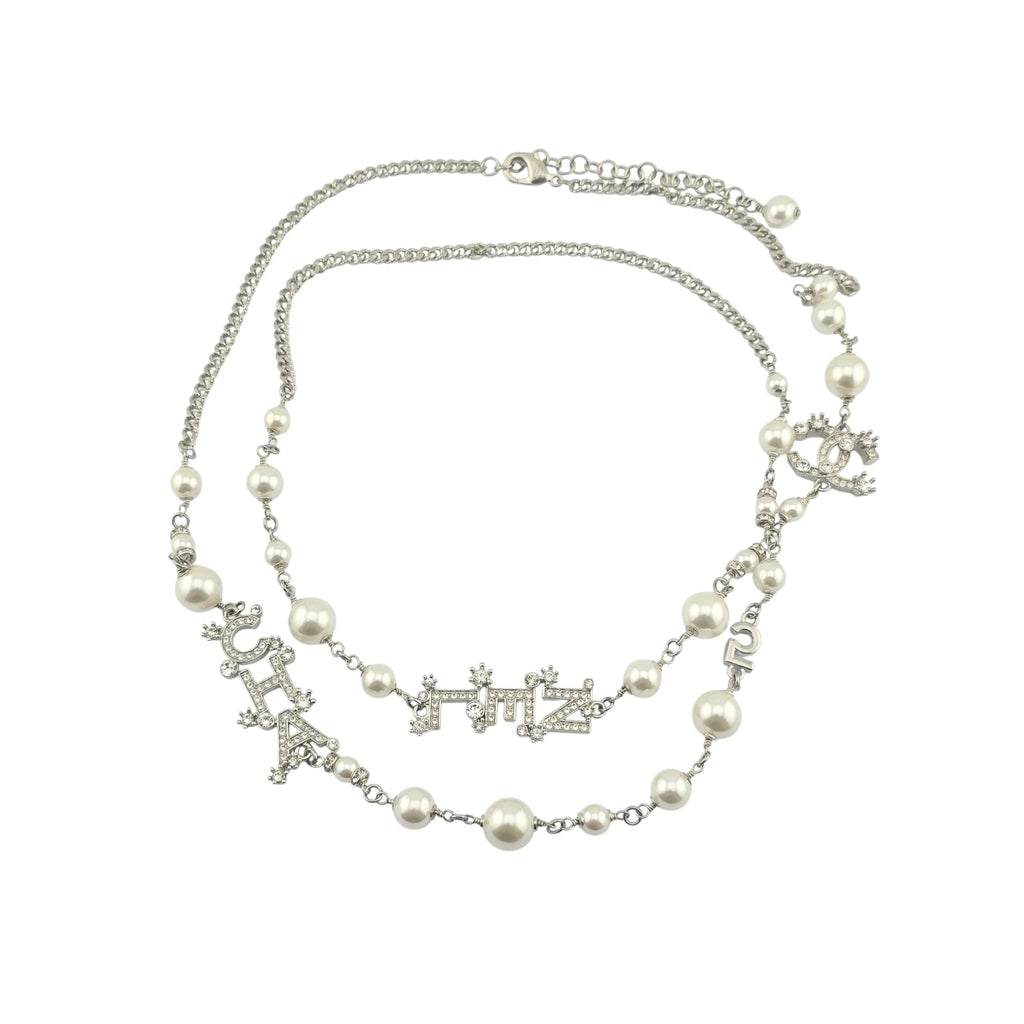 Chanel CC Silver Faux Pearl Logo Long Necklace 2023 CHANEL