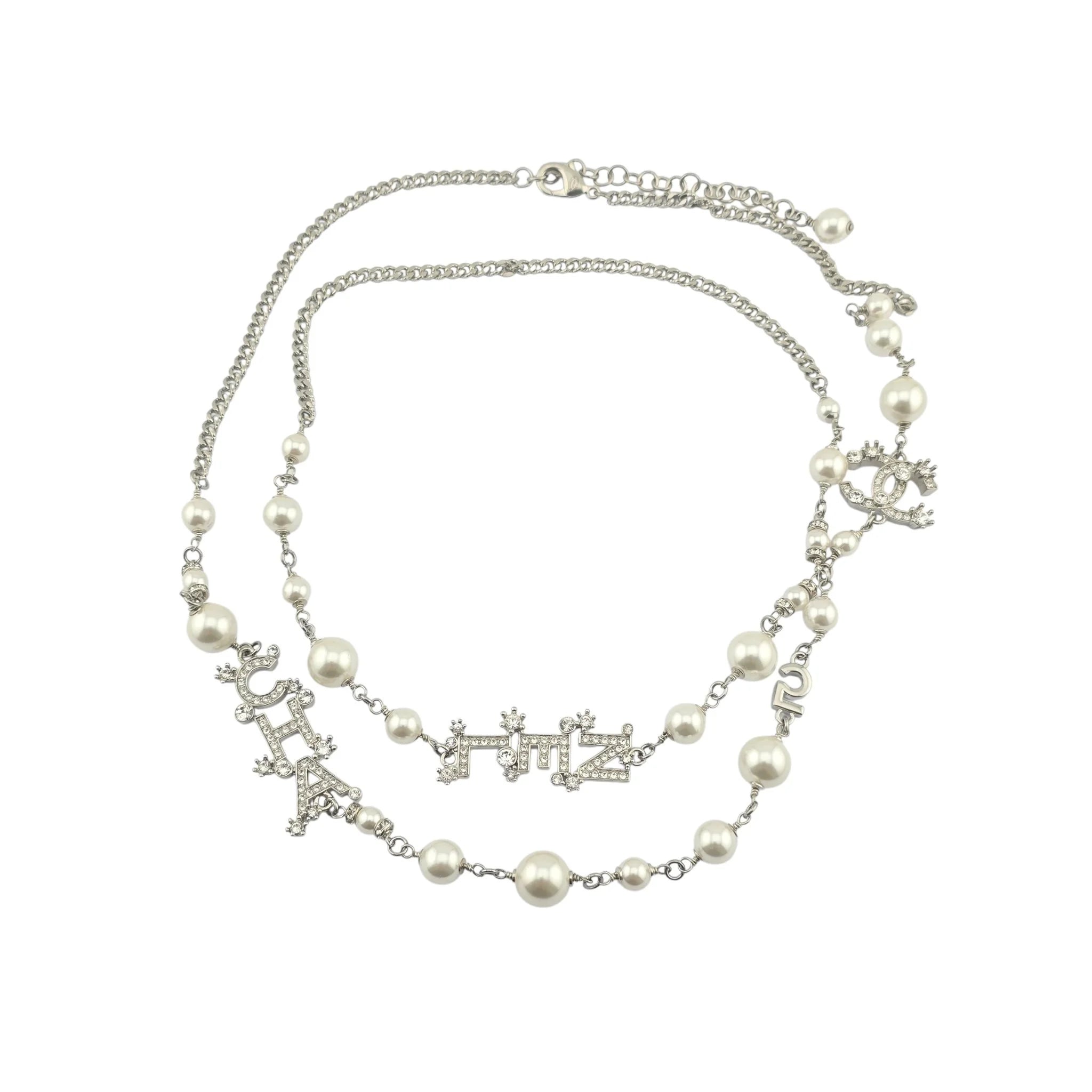 Chanel CC Silver Faux Pearl Logo Long Necklace 2023 CHANEL