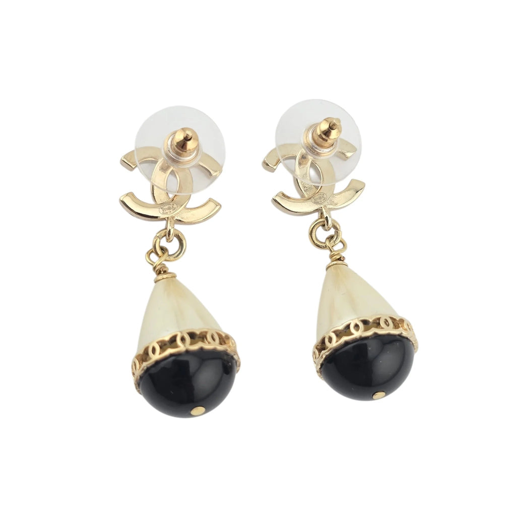 Chanel Crystal Pearl CC Drop Earrings Gold Black CHANEL