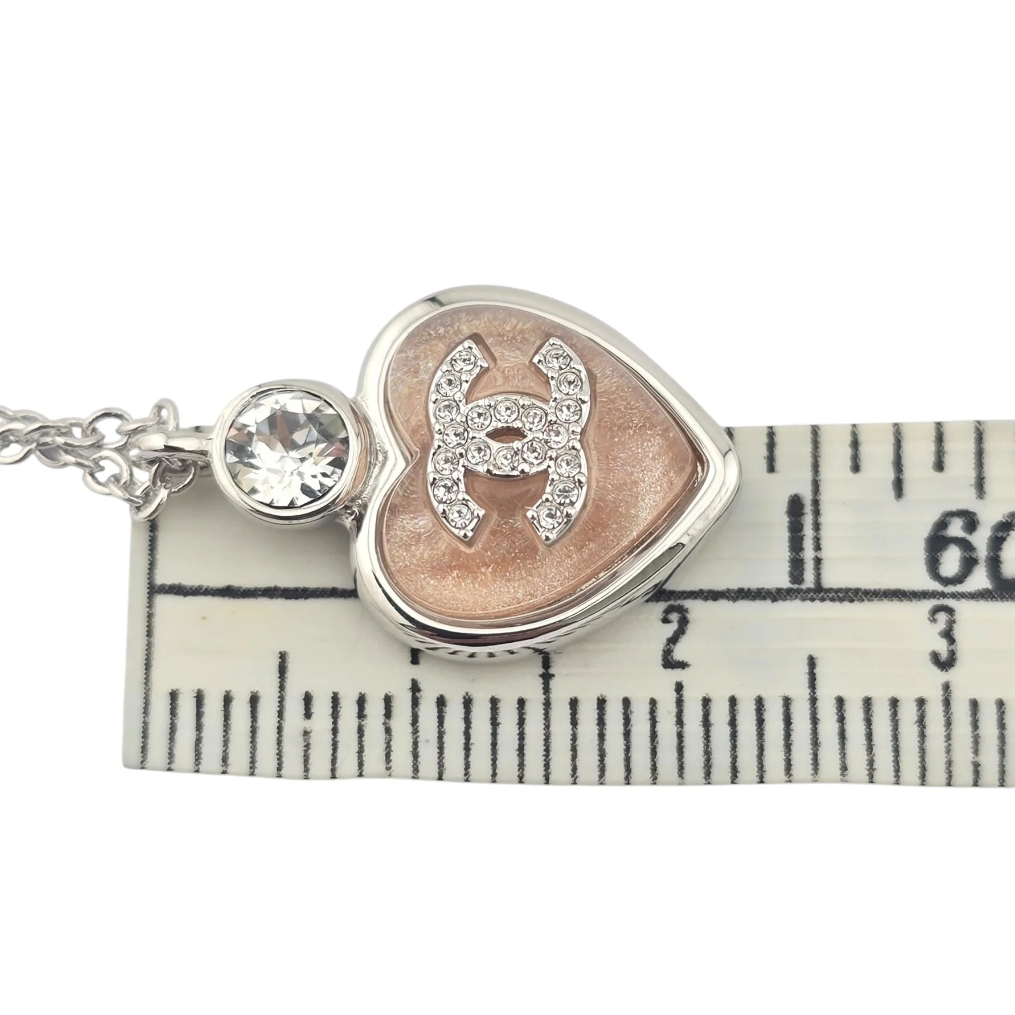 Chanel CC Pink Heart Silver Crystal Metal Necklace B25 CHANEL