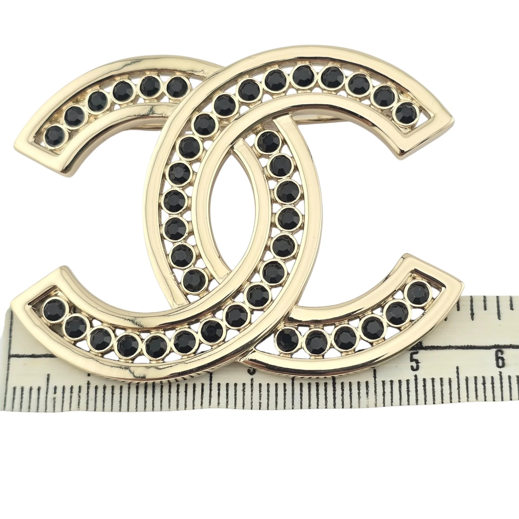 Chanel CC Metal Crystal Brooch Gold Black CHANEL