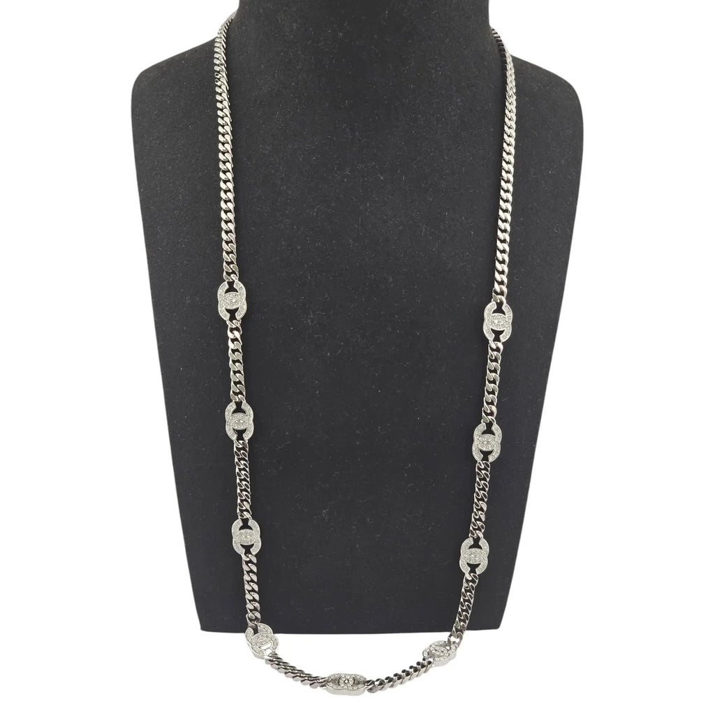 Chanel CC Ruthenium Crystal Chain Silver Long Necklace 2021 CHANEL