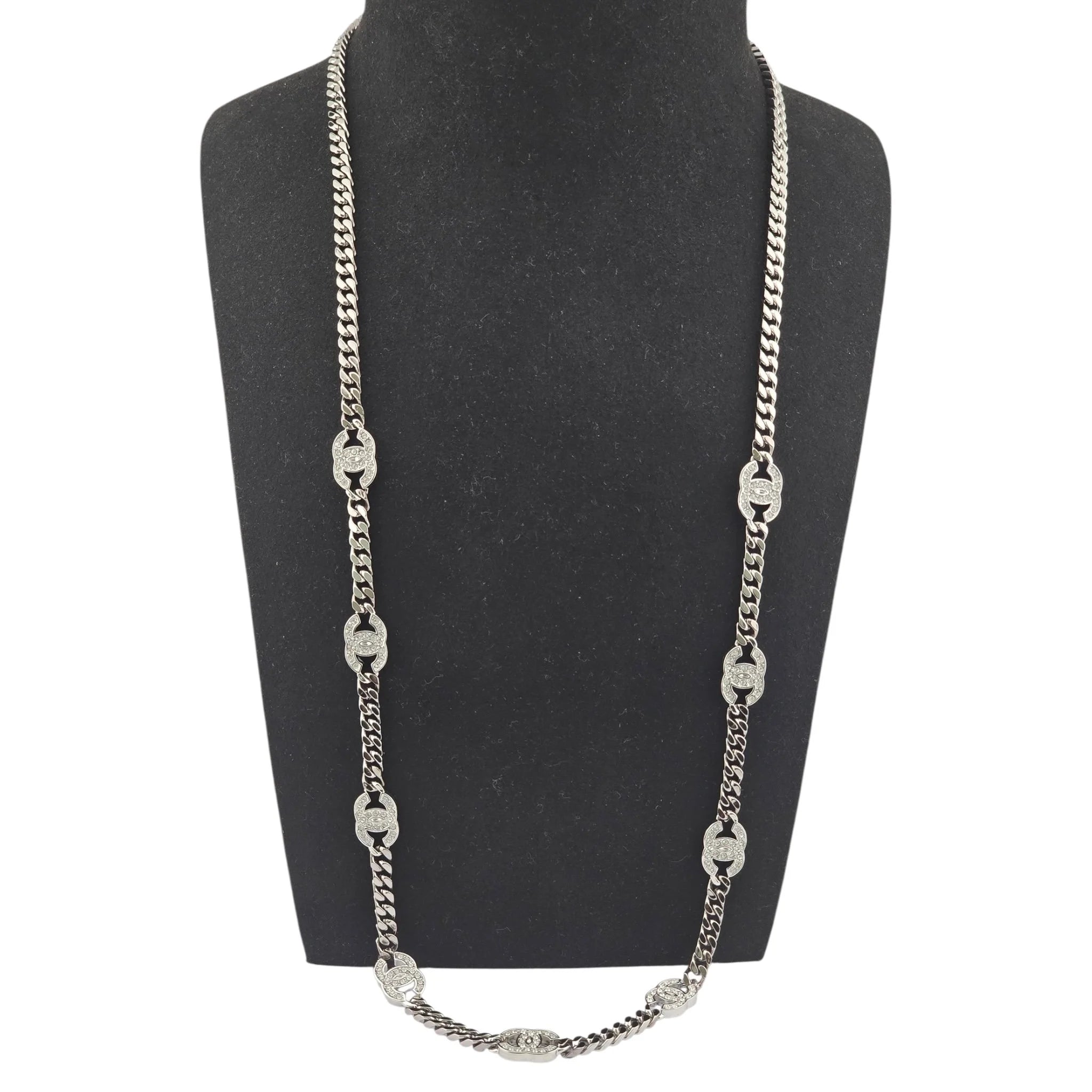 Chanel CC Ruthenium Crystal Chain Silver Long Necklace 2021 CHANEL
