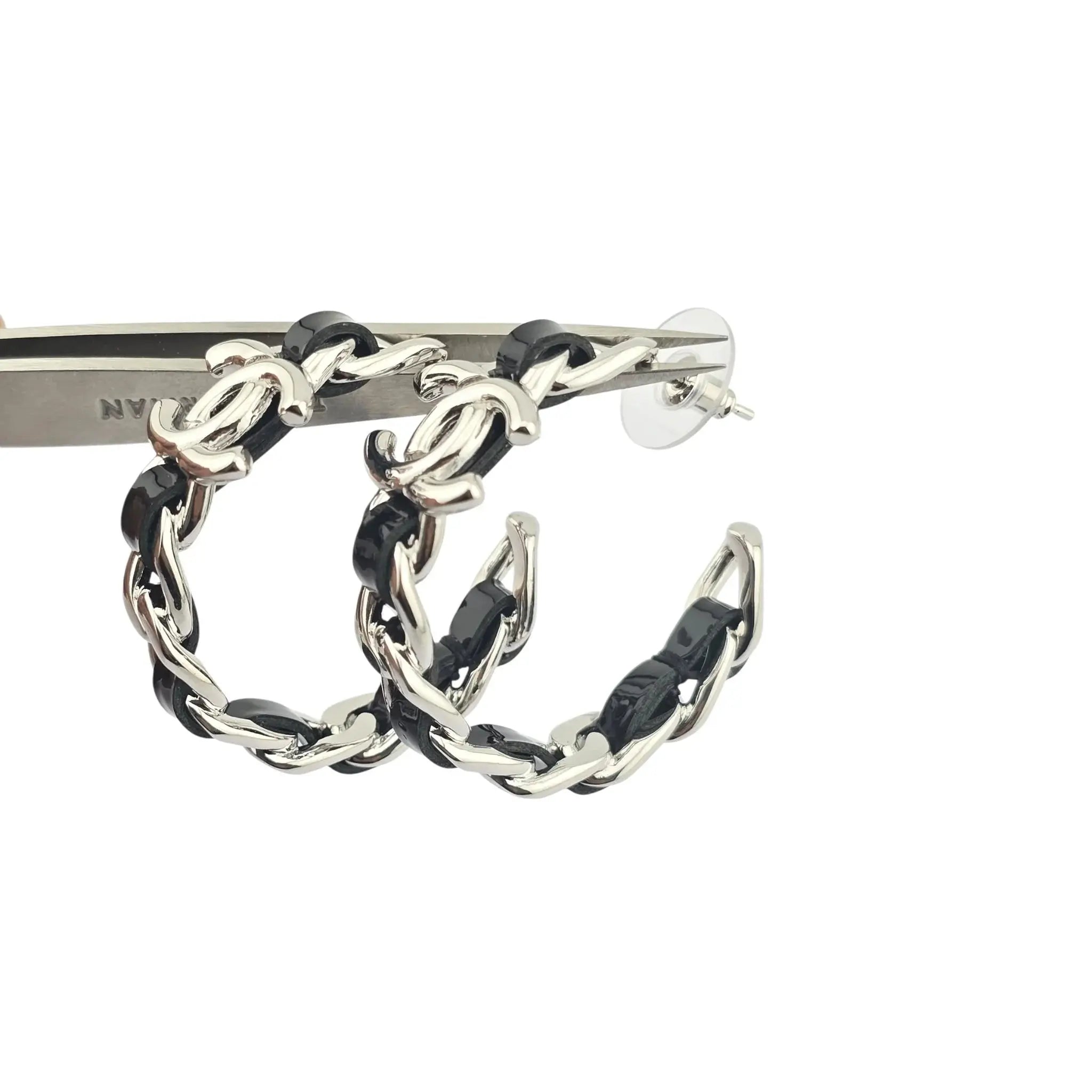 Chanel CC Leather Black Hoop Earrings 2025 CHANEL