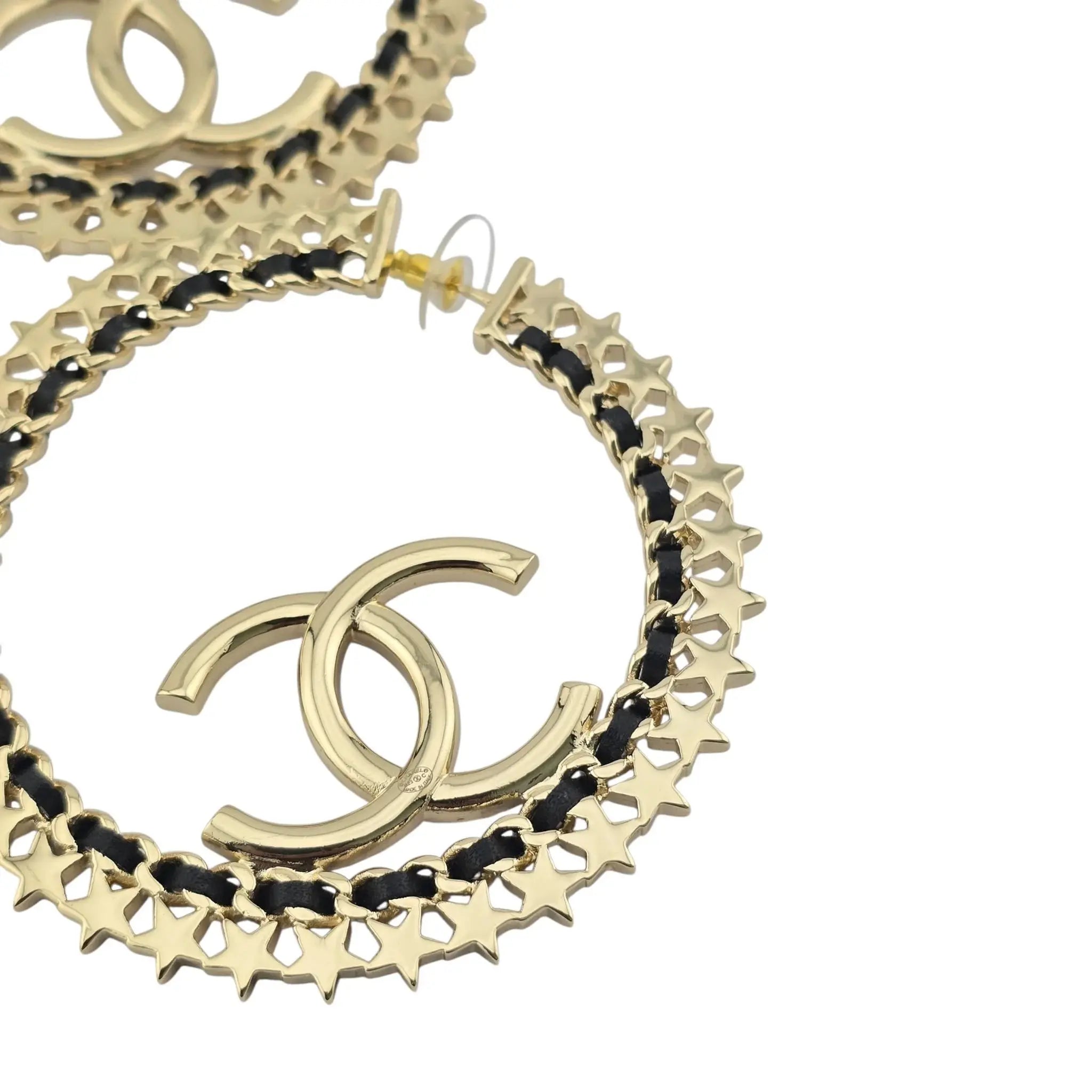 Chanel CC Large Hoop Earrings Crystal/Leather CHANEL