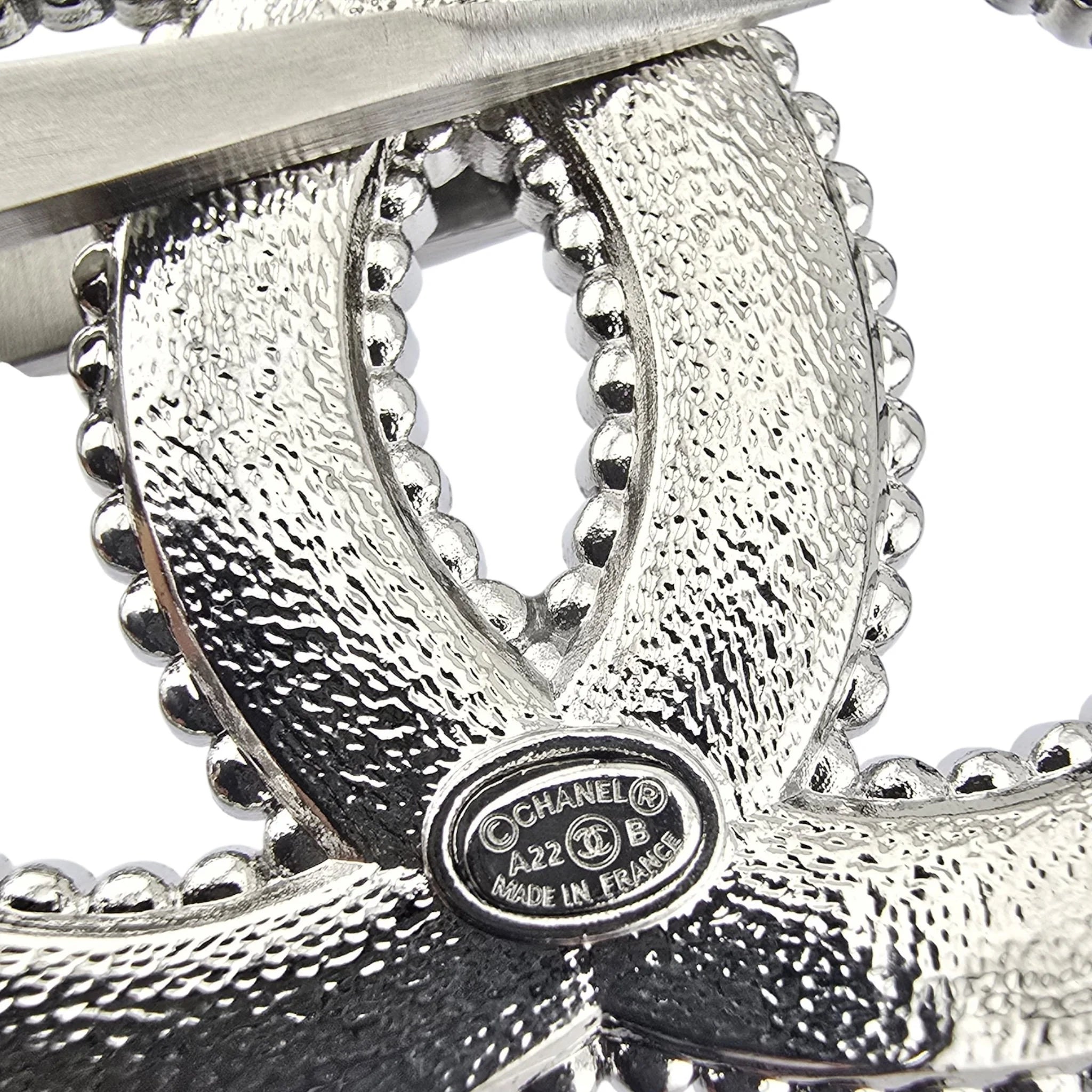 Chanel CC Crystal Leather Silver Tone Pin Brooch 2022 CHANEL