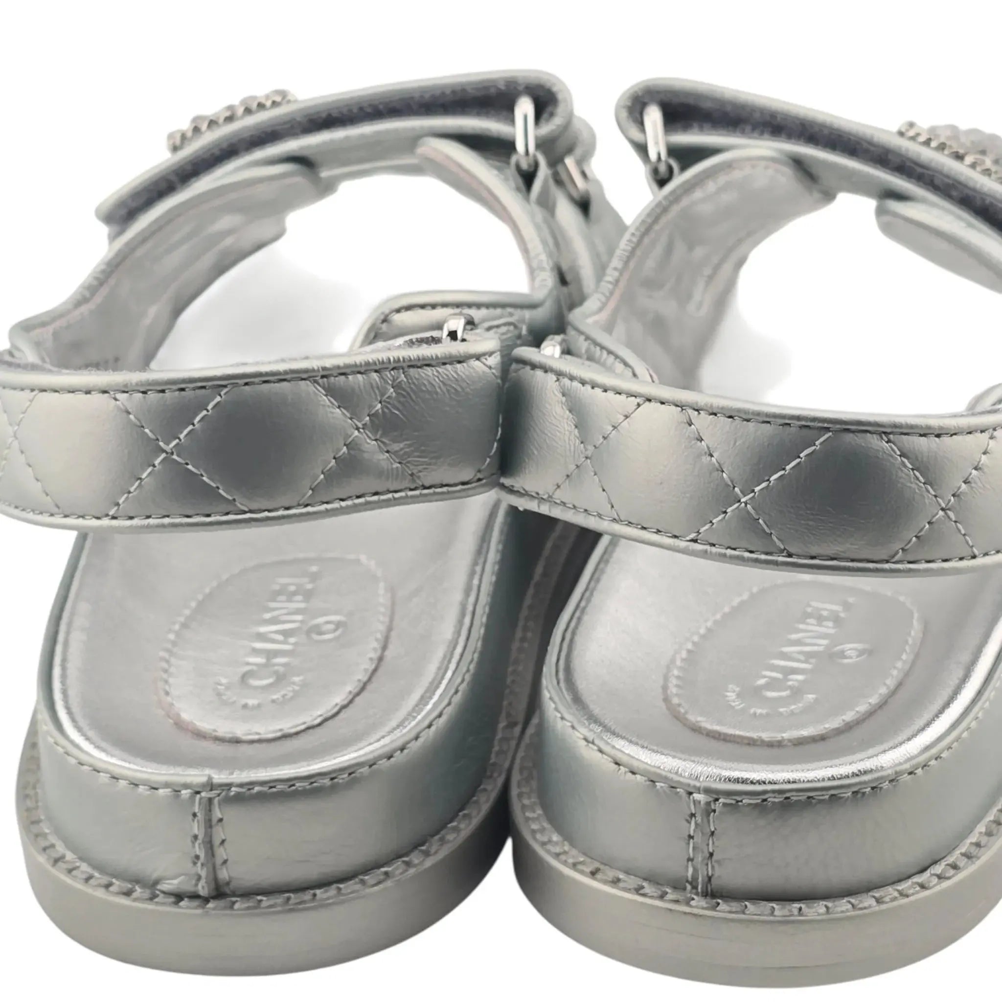Chanel CC Silver Metallic Leather Dad Sandals CHANEL
