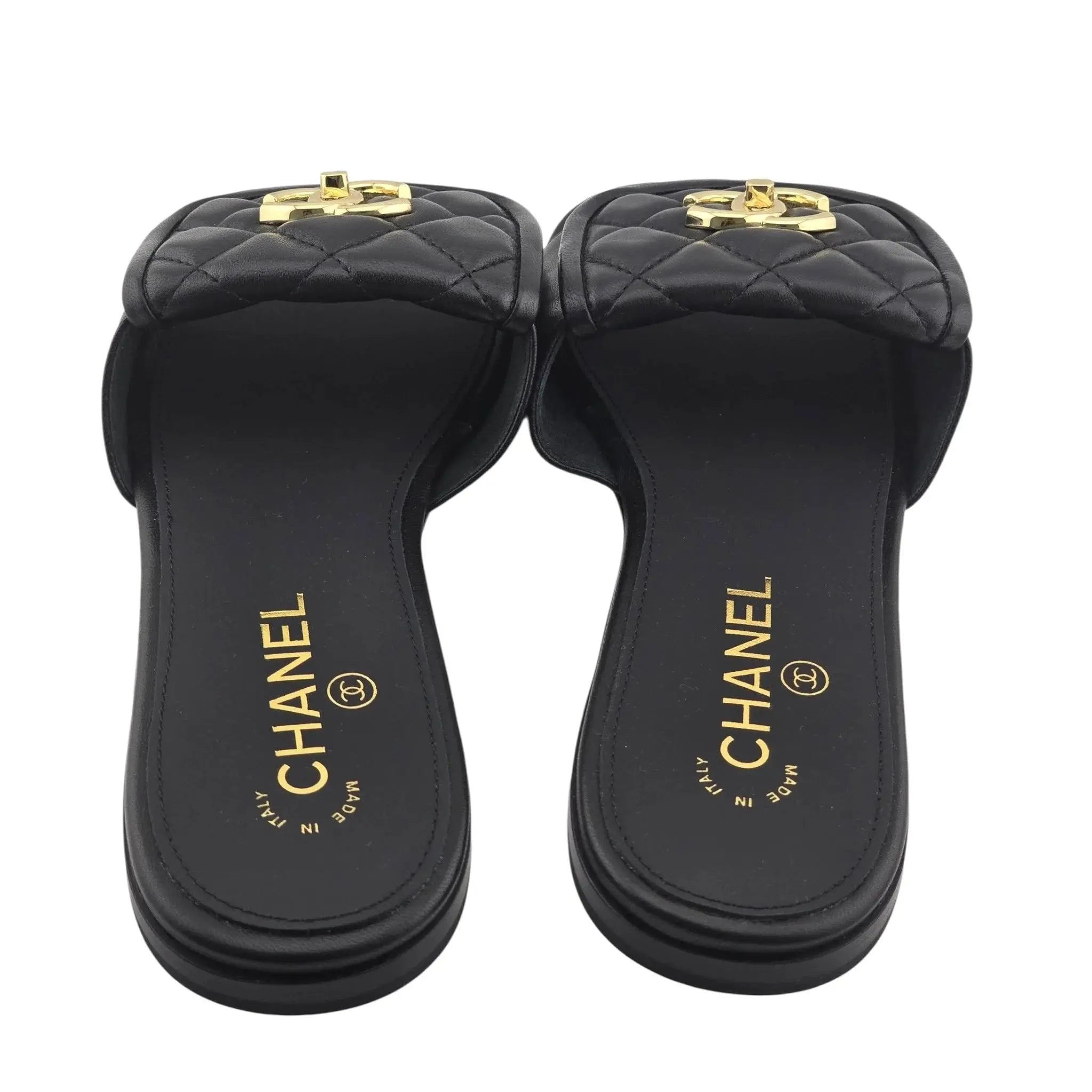 Chanel CC  Lambskin Quilted Turnlock Black Gold Sandals 39 CHANEL