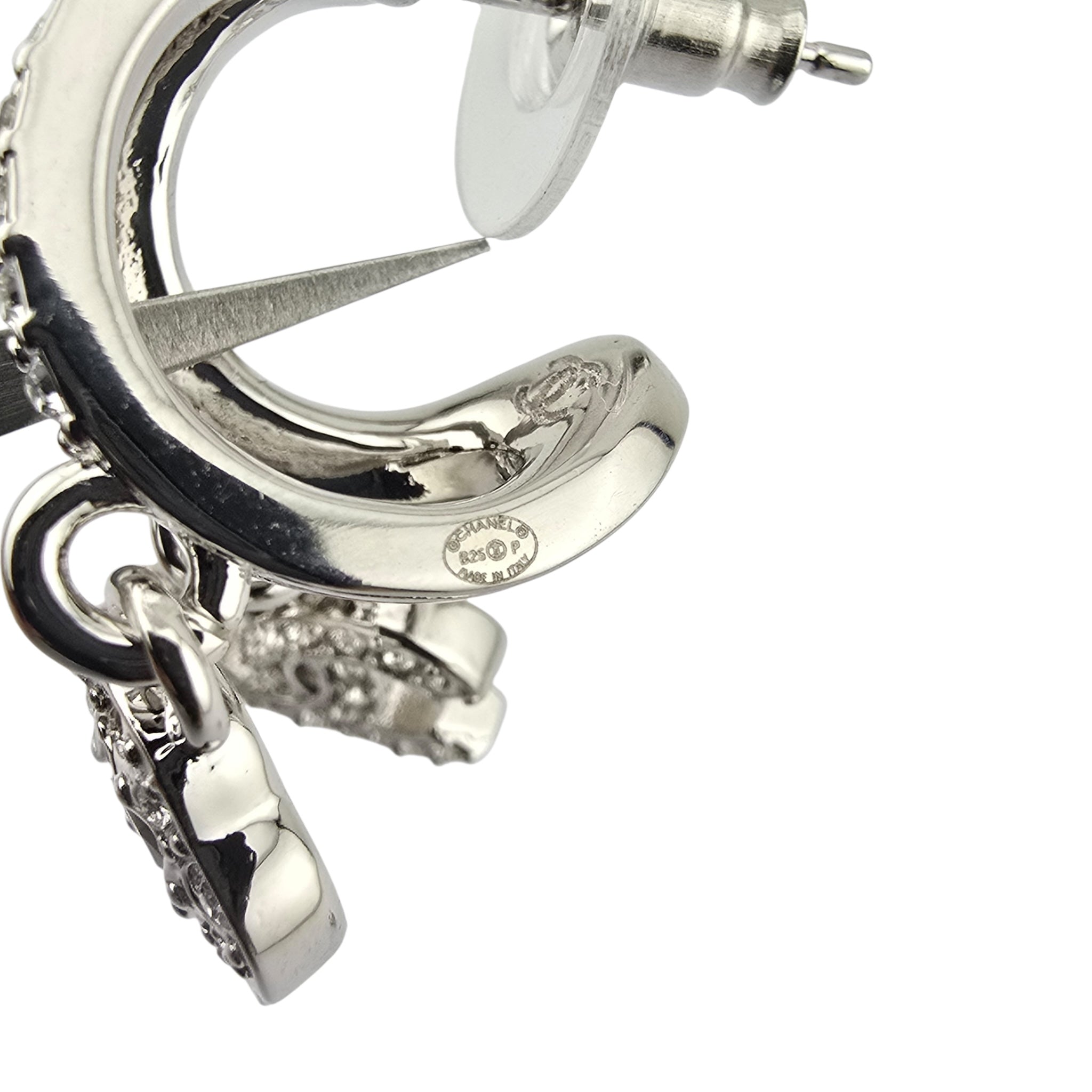 Chanel CC Silver Crystal Hoop Pendant Earrings 2025 CHANEL
