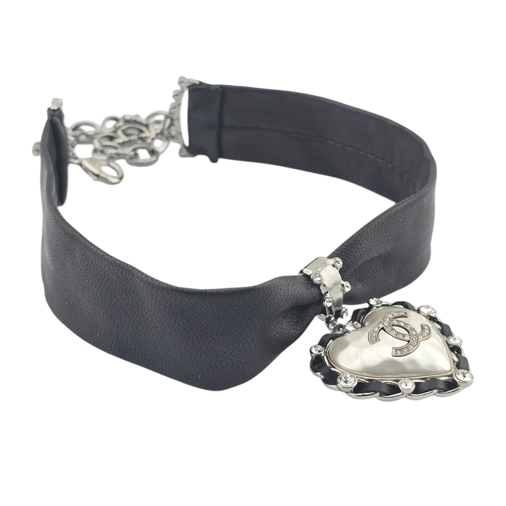 Chanel CC Lambskin Crystal Heart Choker Ruthenium Black CHANEL