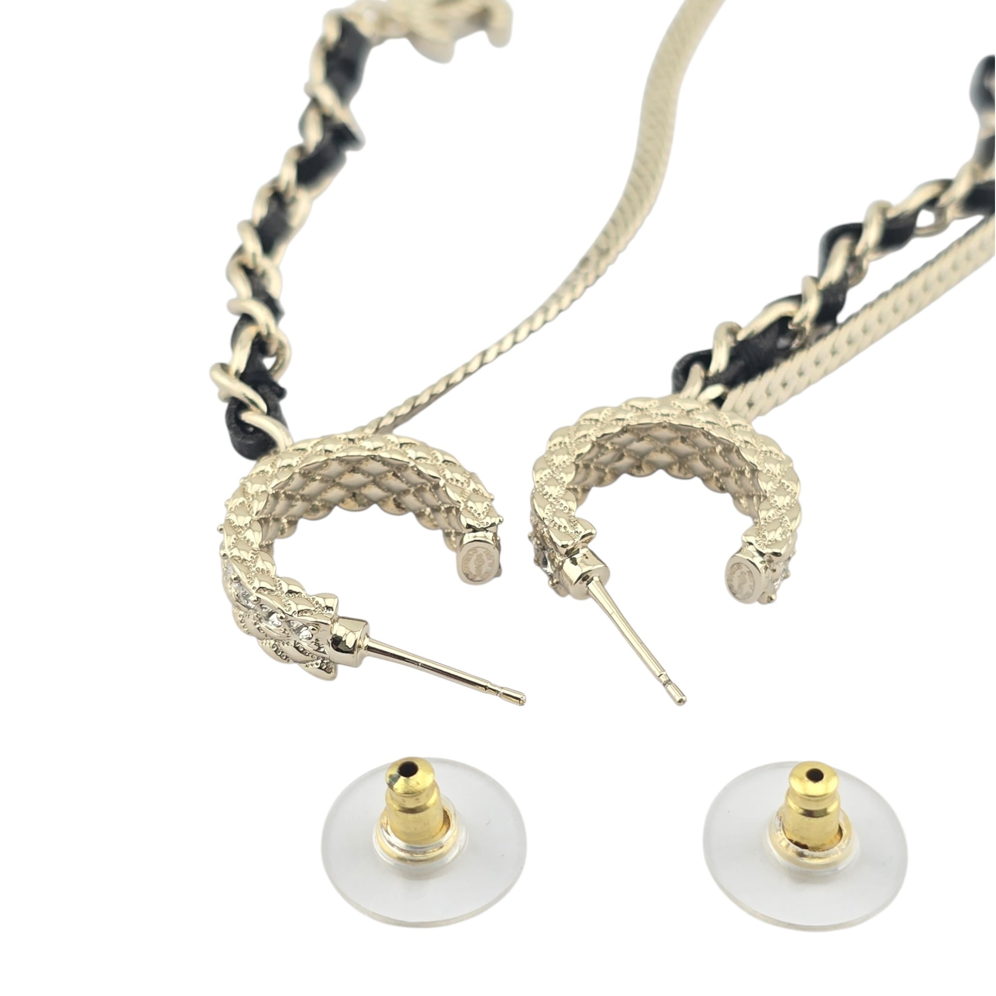 Chanel CC Leather Gold Crystal Earrings 2022