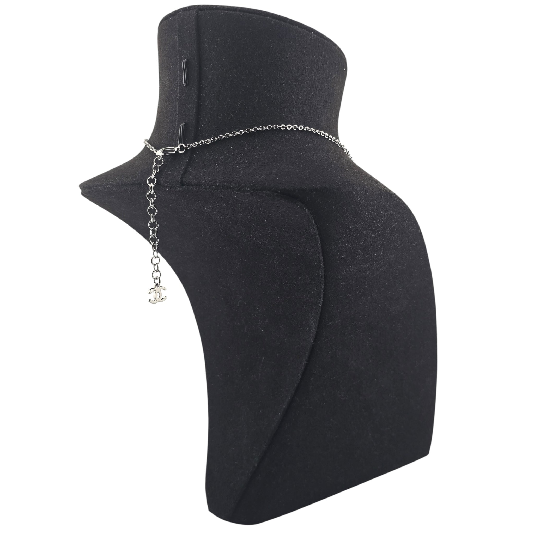 Chanel CC Silver Crystal Enamel Bow Necklace 2025