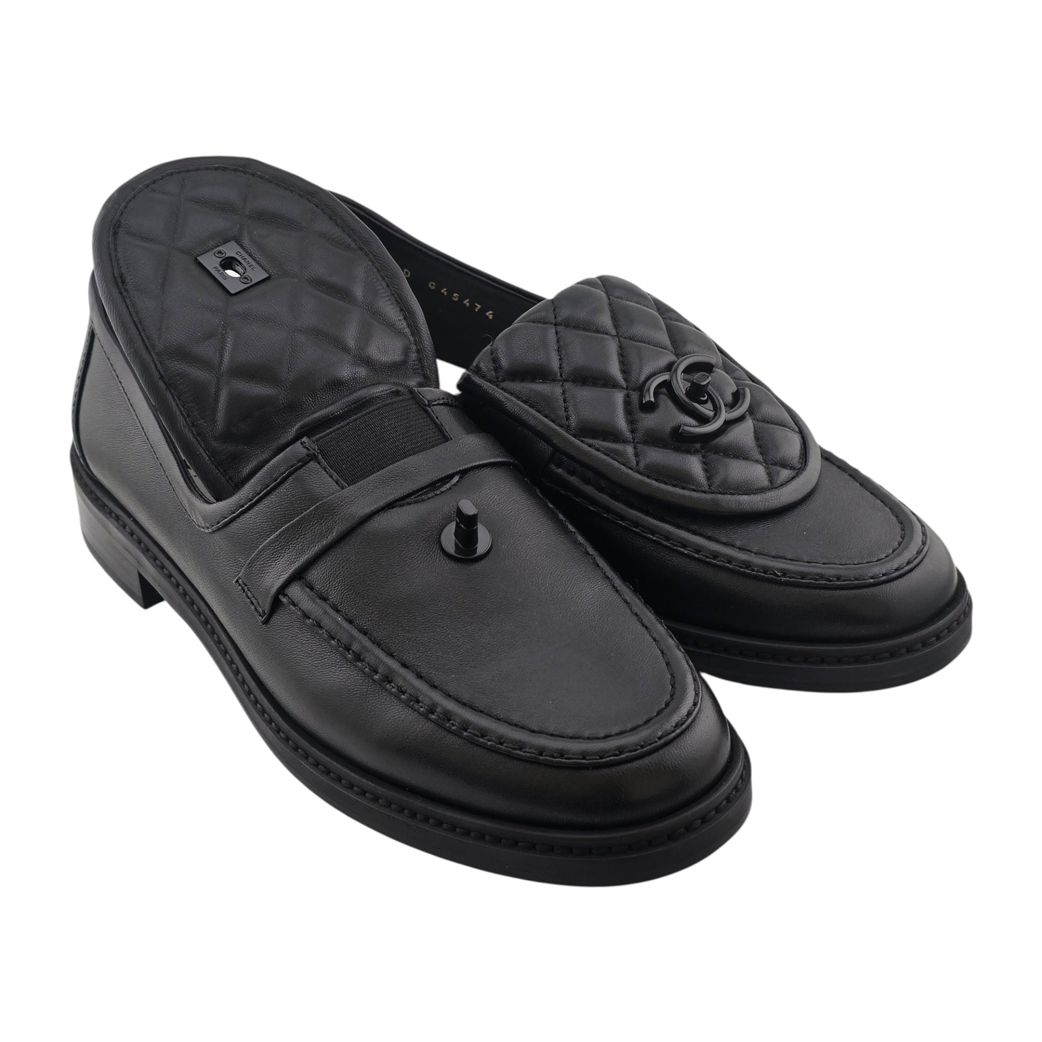 Chanel CC Lambskin Quilted Turnlock Loafers Black 39