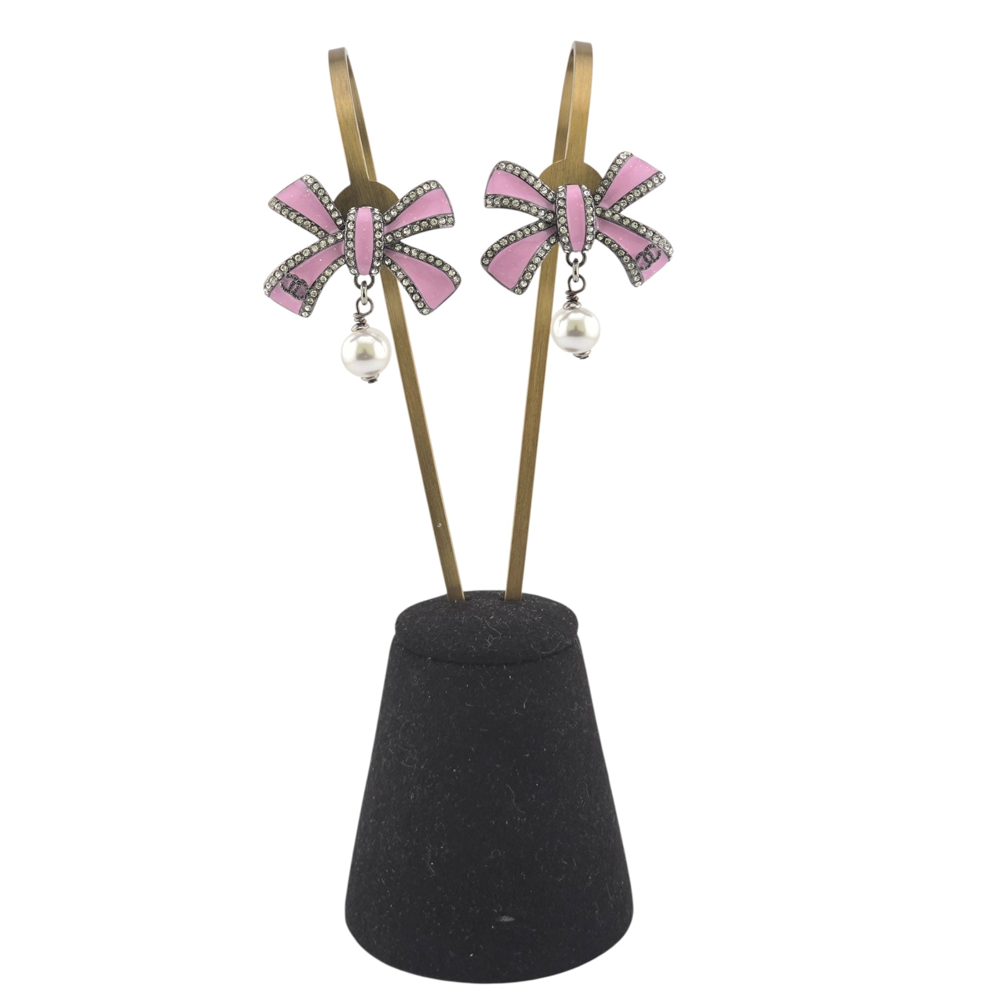 Chanel CC Silver Crystal Enamel Bow Earrings 2025