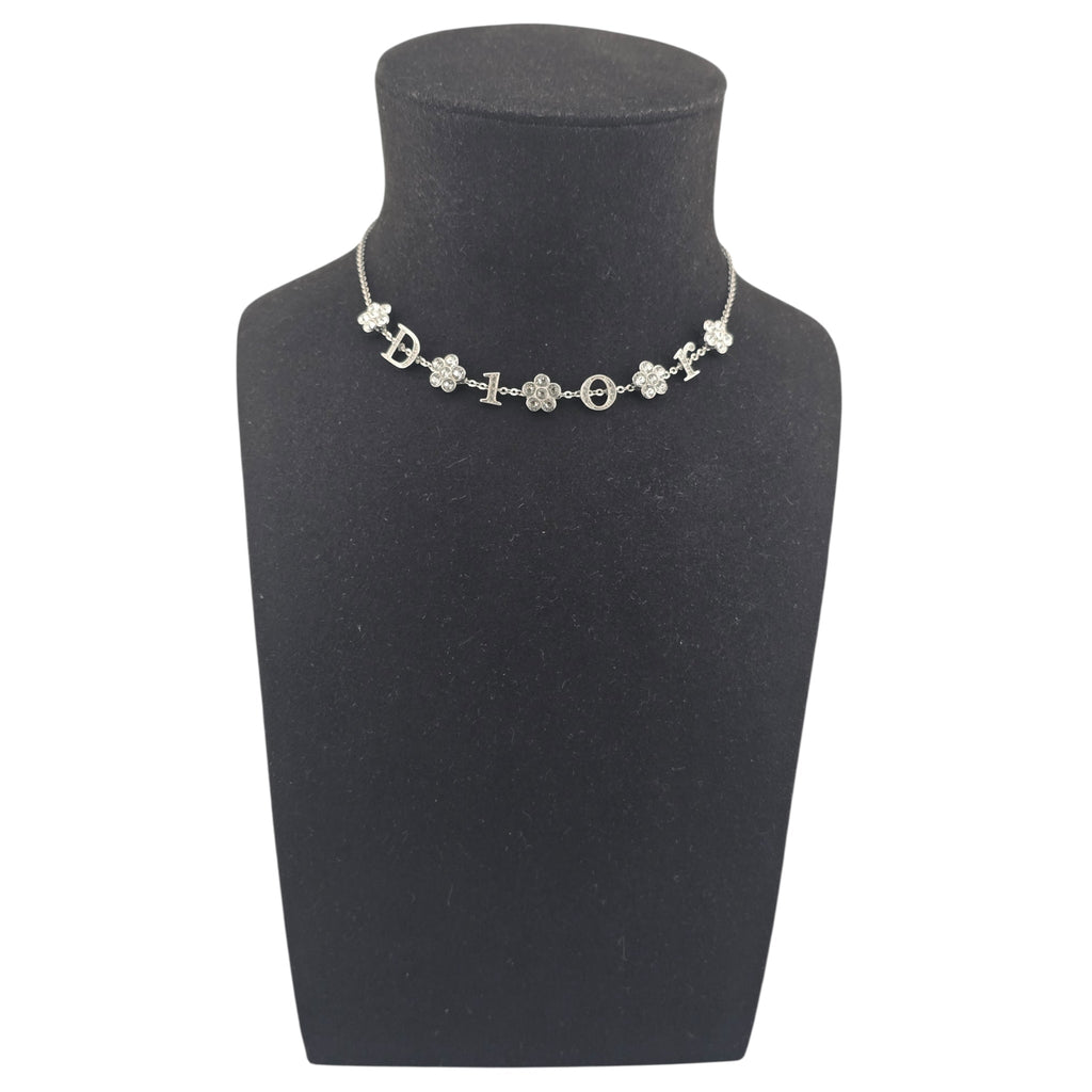 Christian Dior Crystal Flower Silver Choker Necklace DIOR