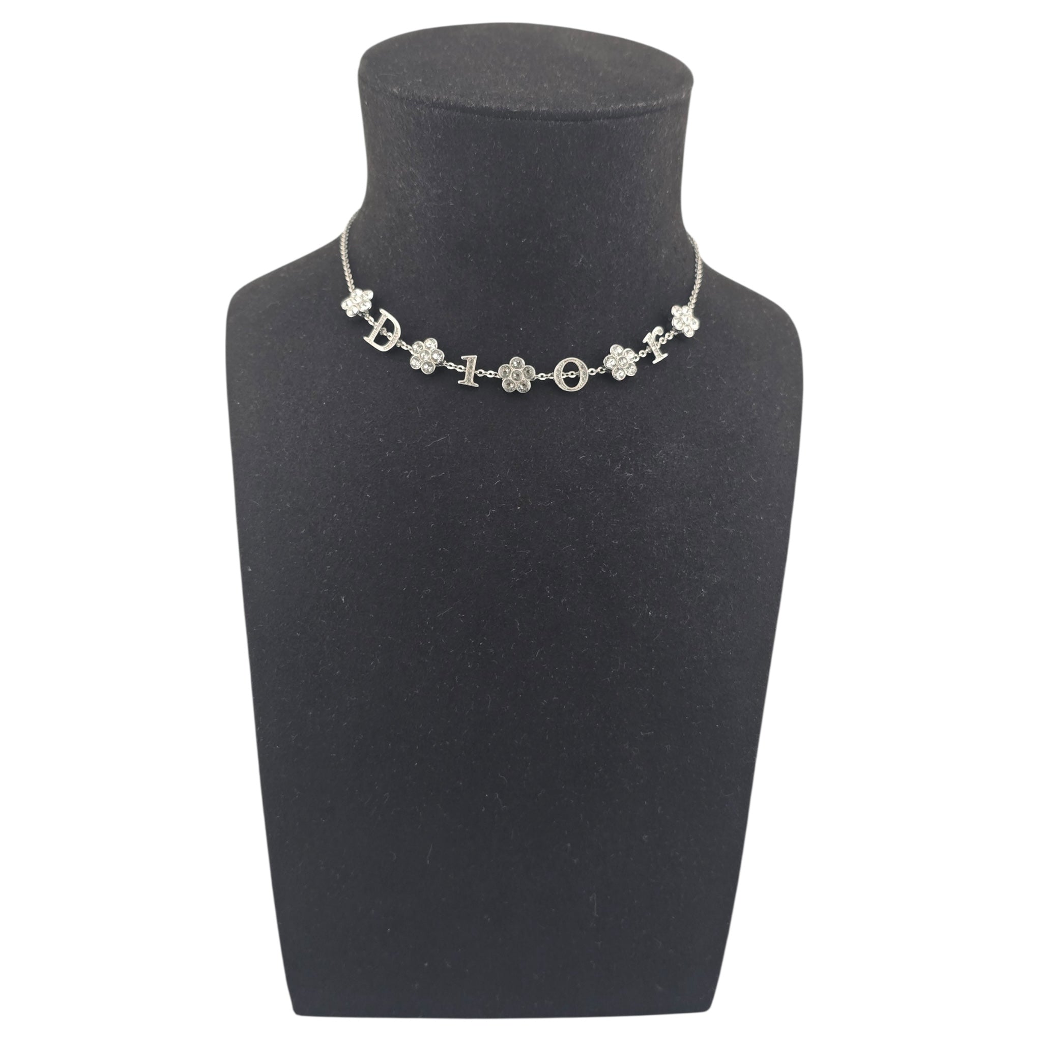 Christian Dior Crystal Flower Silver Choker Necklace DIOR