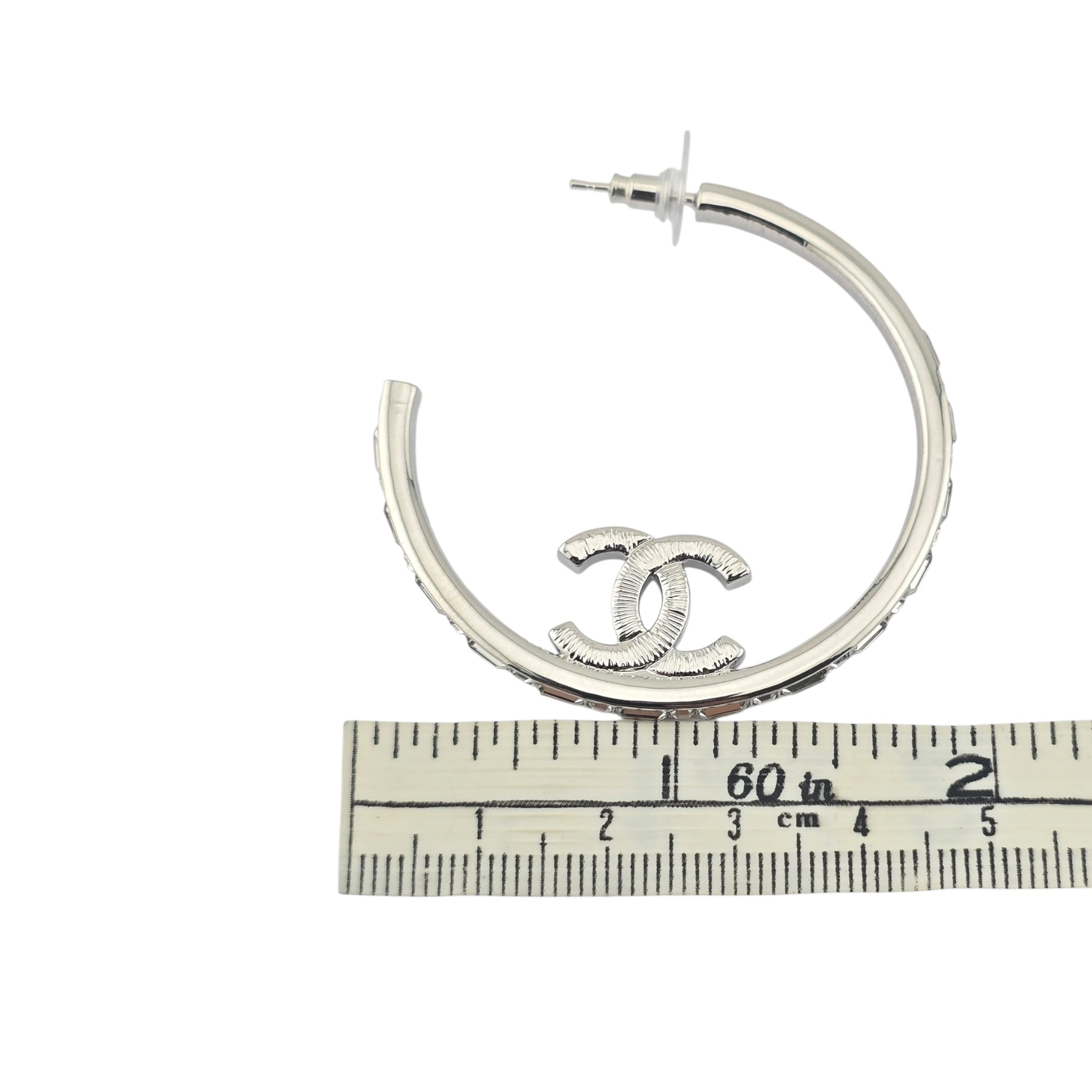 Chanel CC Metal Crystal Baguette Large Hoop Earrings Silver 2022 CHANEL