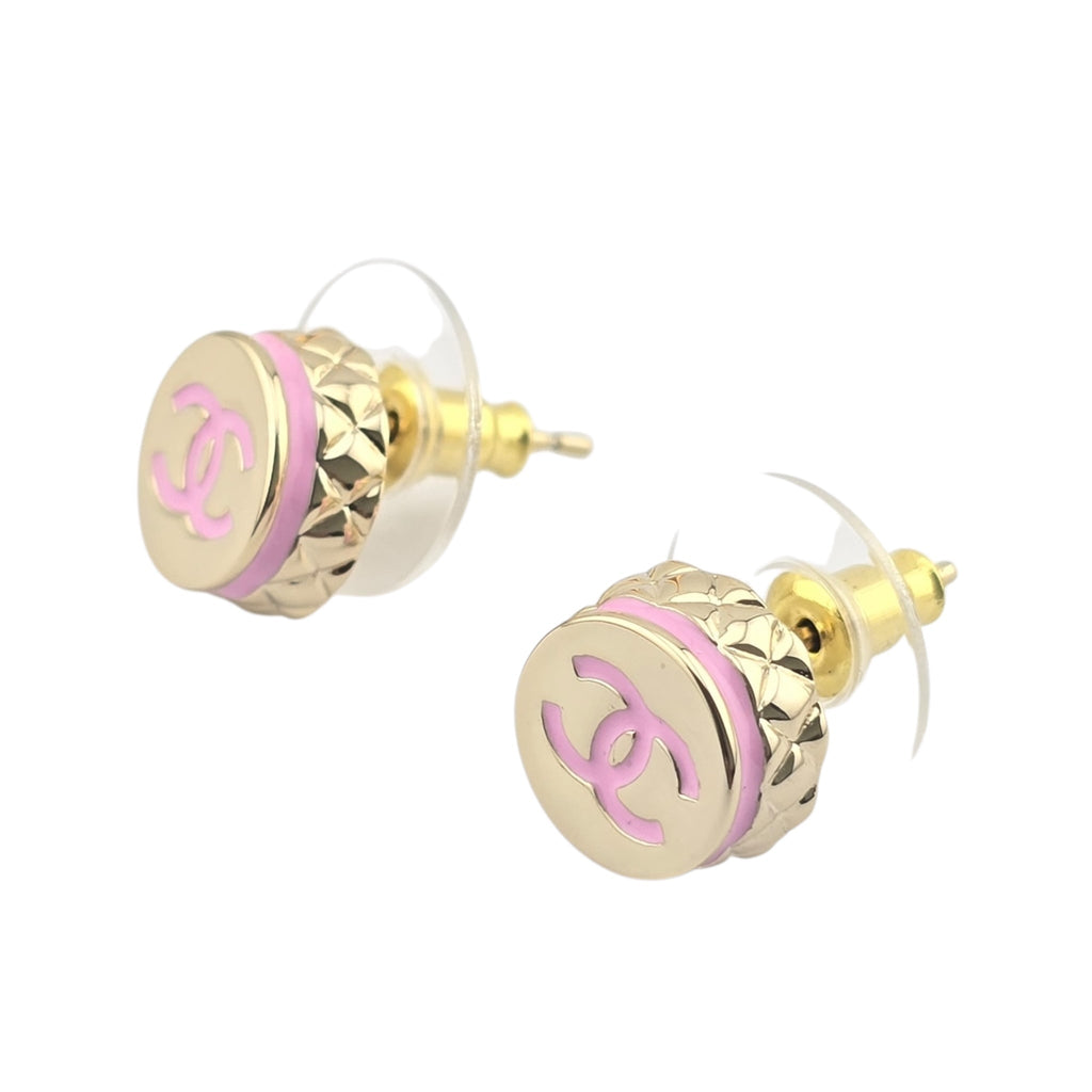 Chanel CC Stud Gold Pink Round Earrings B25 CHANEL