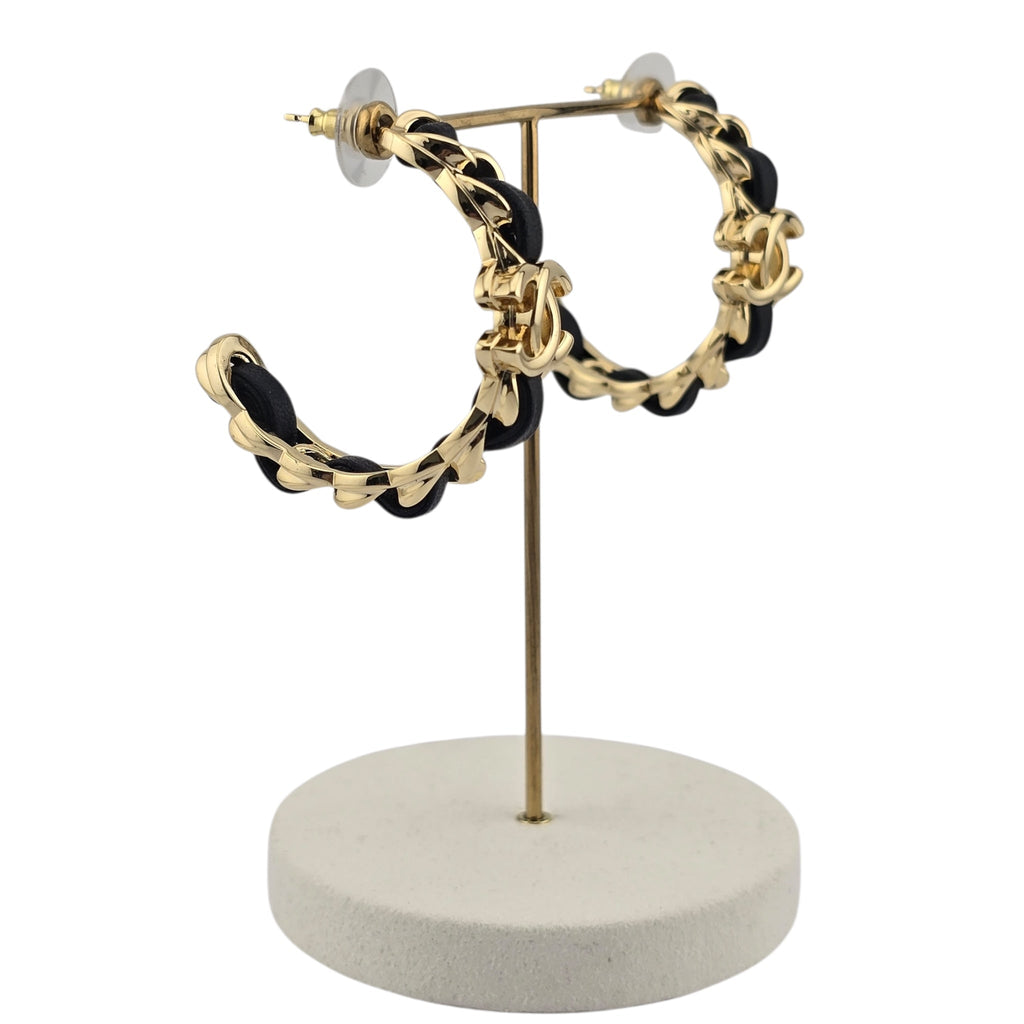 Chanel CC Leather Metal Hoop Earrings 2024 CHANEL