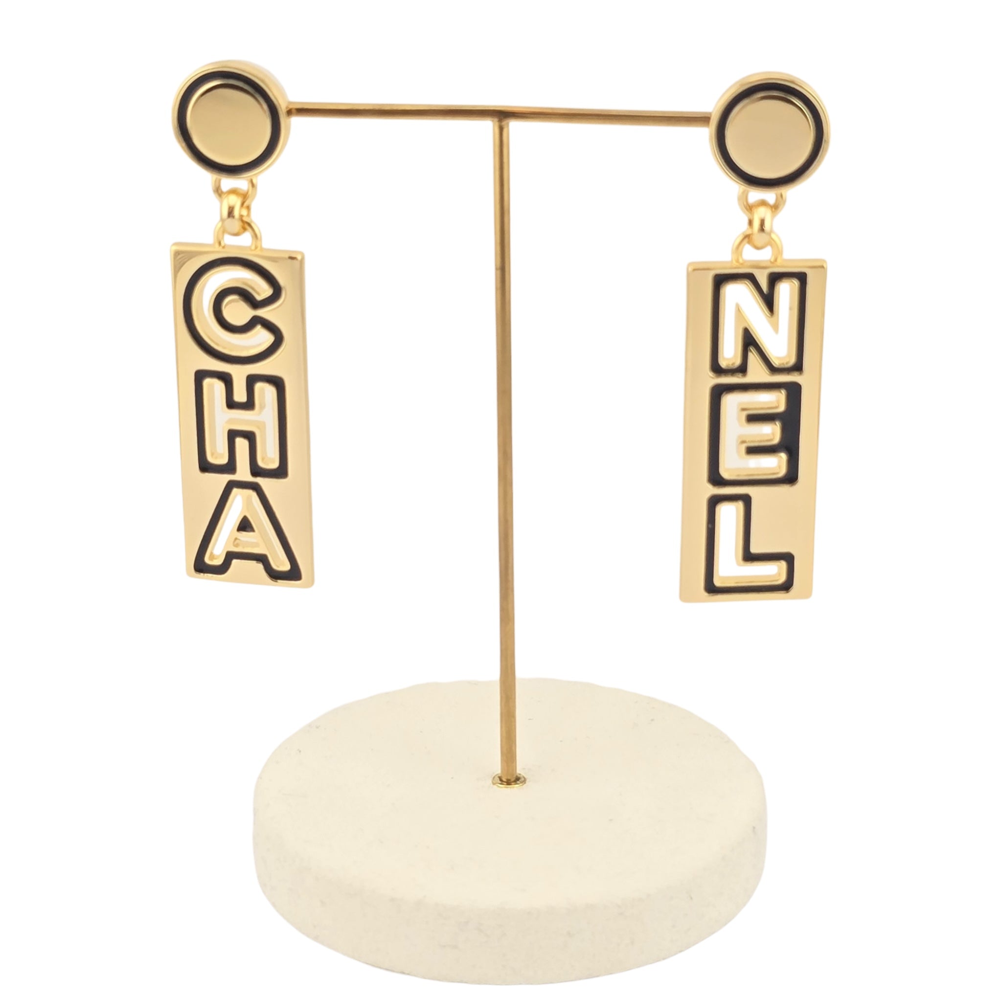 Chanel Metal Enamel Cha-Nel Logo Drop Earrings CHANEL