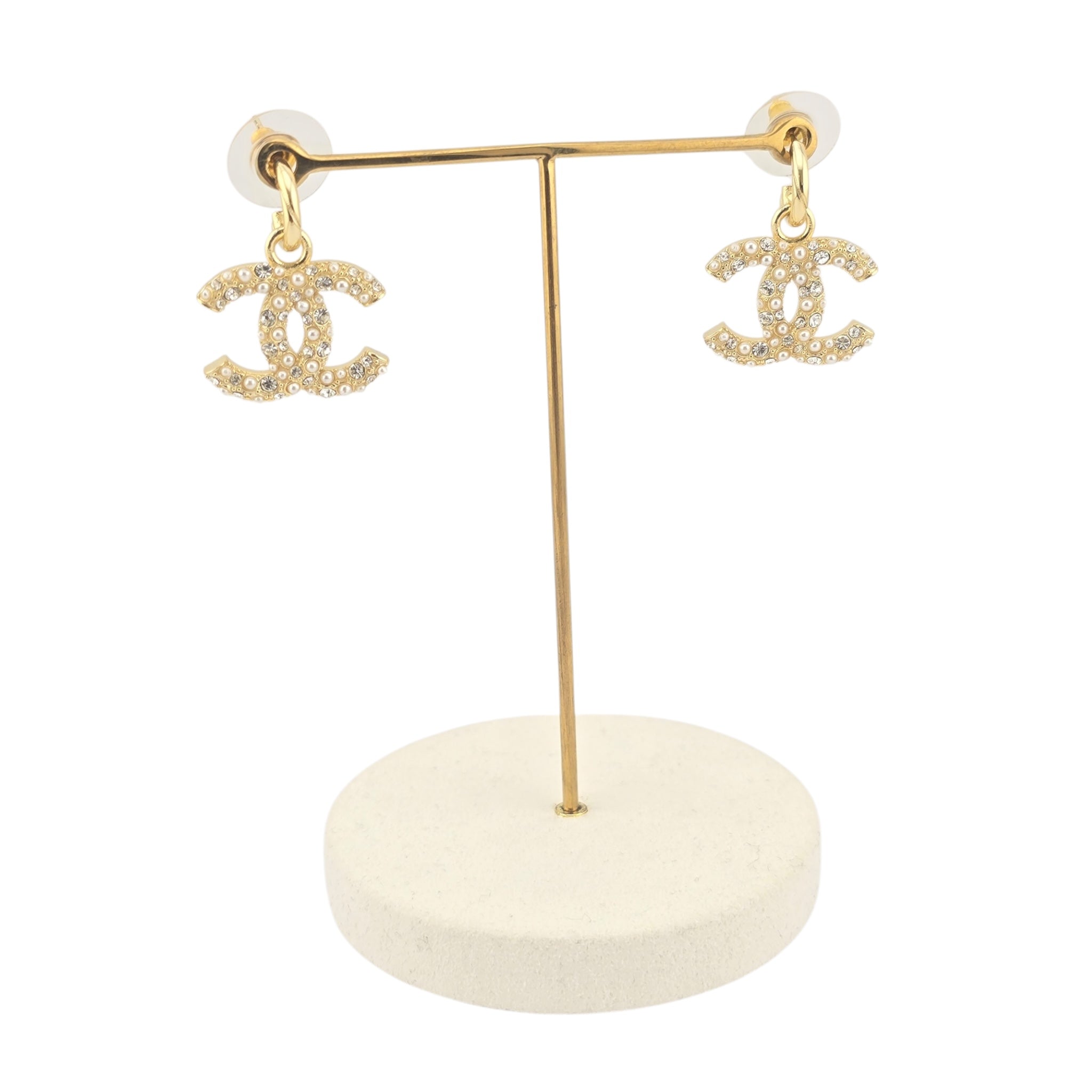 Chanel CC Gold Drop Crystal Faux Pearl Earrings 2022 CHANEL