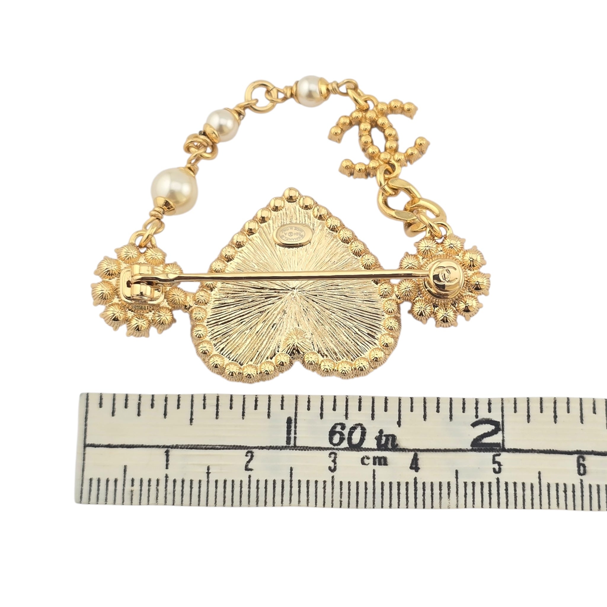 Chanel CC Gold Heart Crystal Faux Pearl Brooch 2024 CHANEL