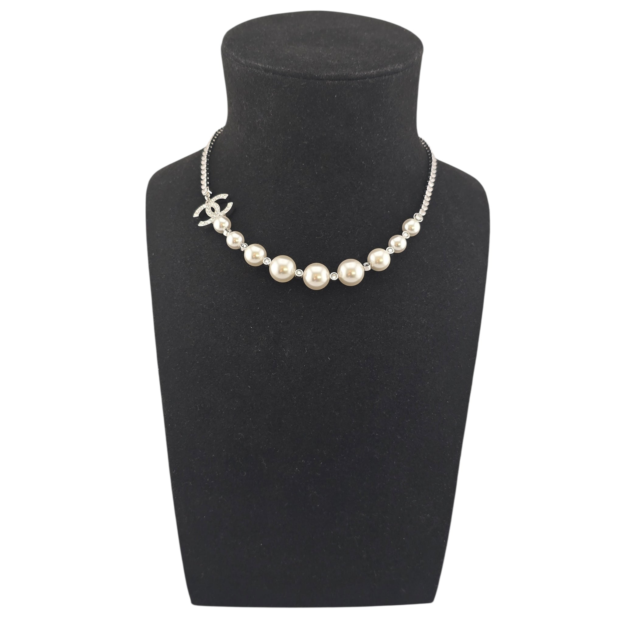Chanel CC Faux Pearl Silver Crystal Necklace 2025 CHANEL