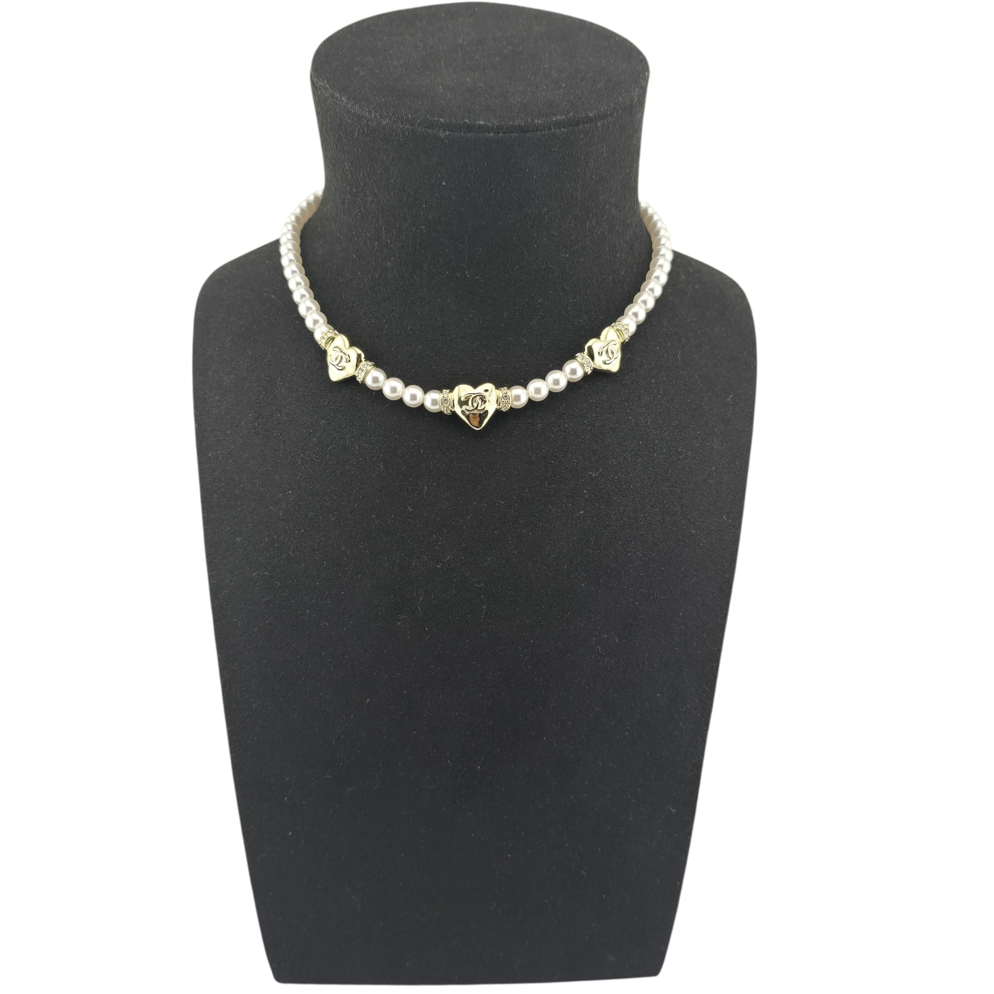 Chanel CC Faux Pearl Gold Heart Necklace 2024