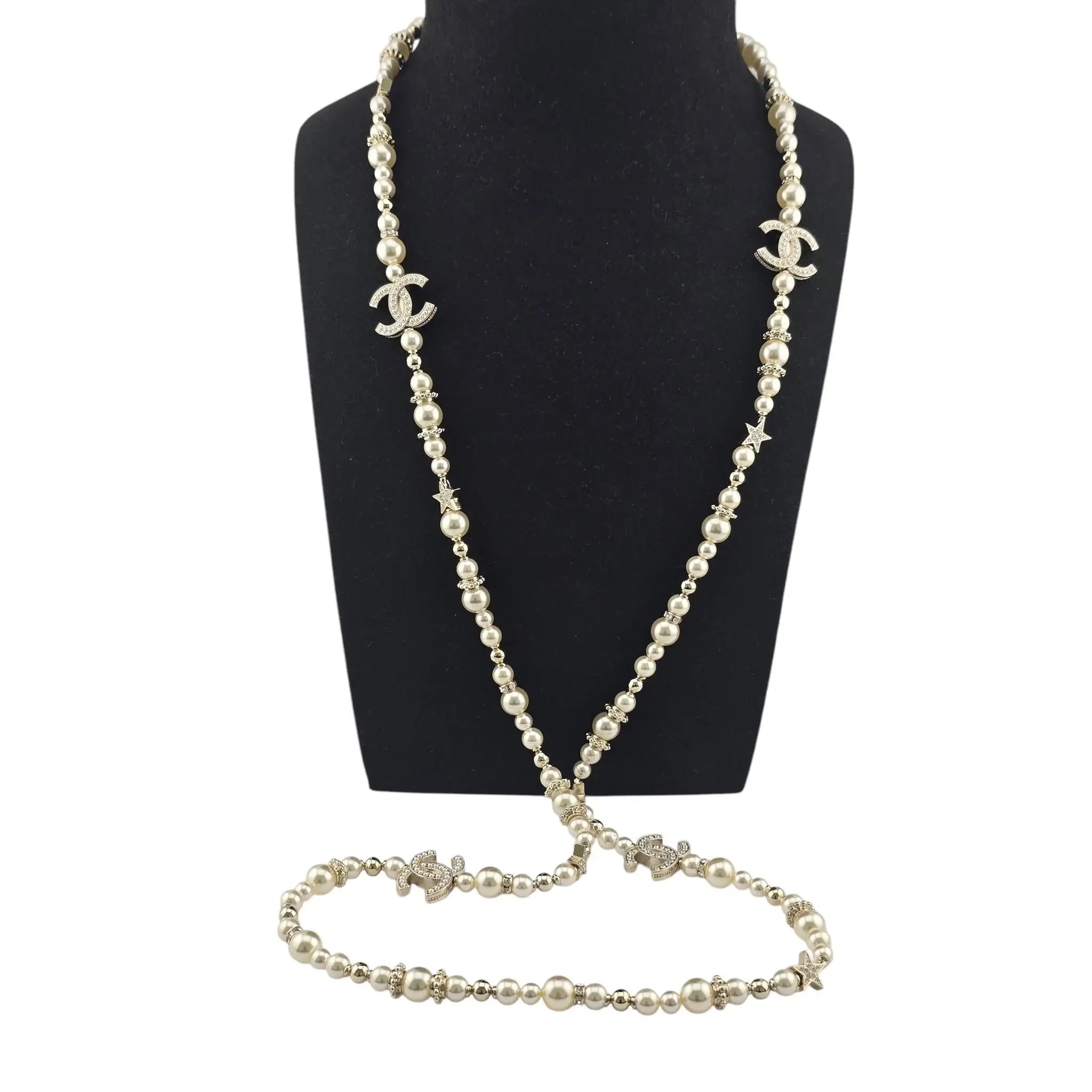 Chanel CC Long Faux Pearl Necklace Star Crystals 2023 CHANEL